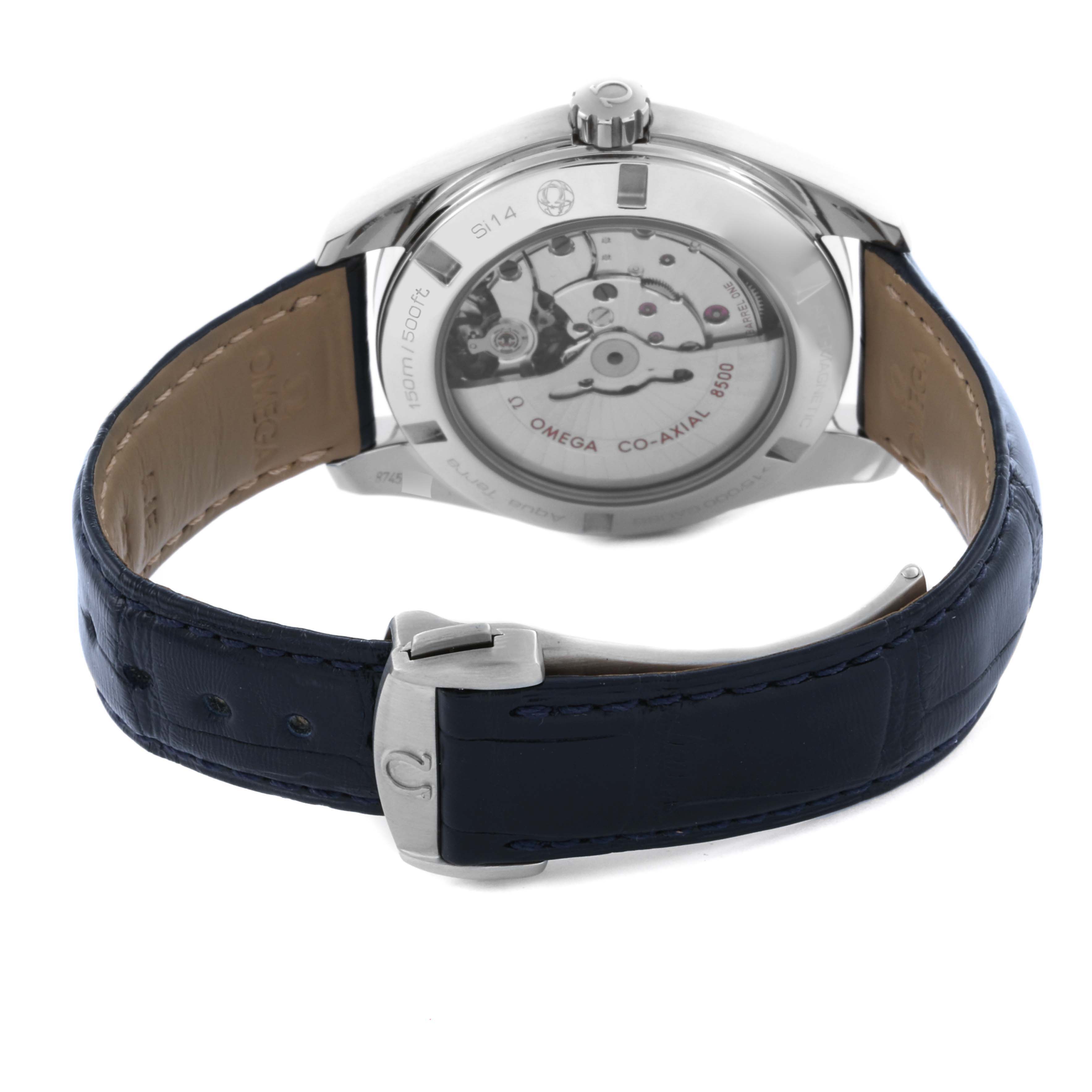 The image shows the back of the Omega Aqua Terra 231.13.42.21.03.001 Men's Stainless Steel Blue Dial 231.13.42.21.03.001 Men's Stainless Steel Blue Dial watch, highlighting the transparent case back and leather strap.