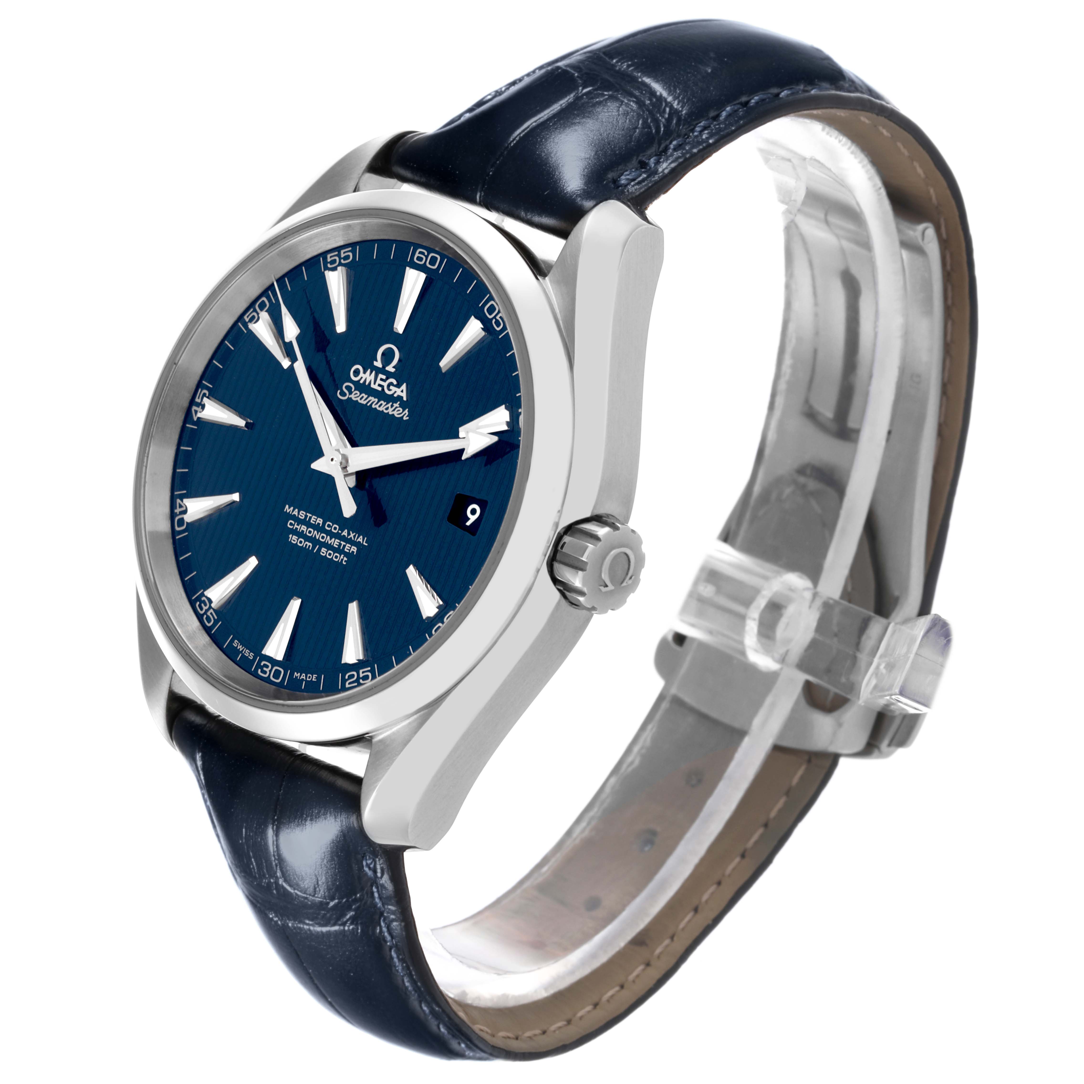 The Omega Aqua Terra 231.13.42.21.03.001 Men's Stainless Steel Blue Dial 231.13.42.21.03.001 Men's Stainless Steel Blue Dial watch is shown at a three-quarter angle, displaying the face, case, crown, and leather strap.
