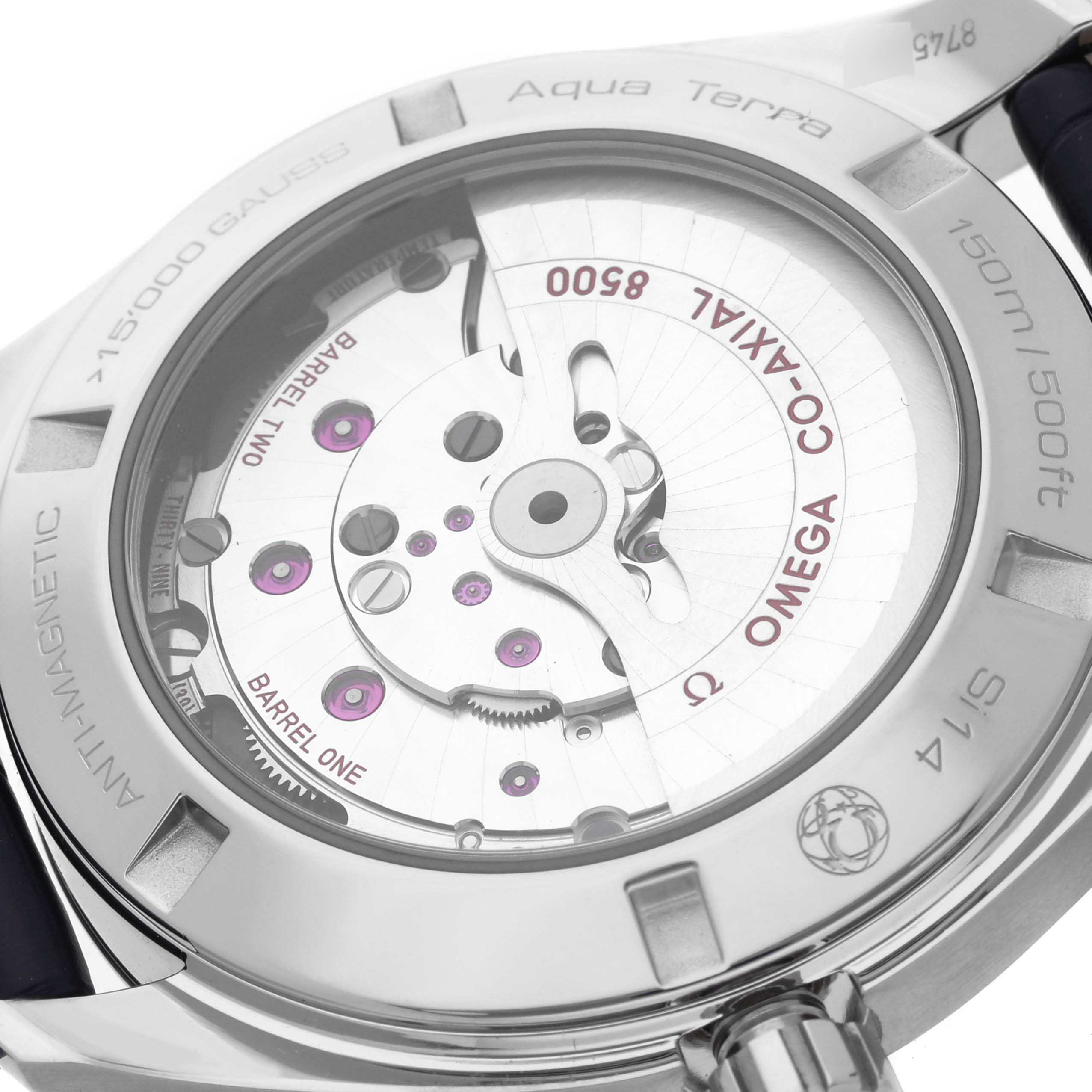 This image shows the back view of an Omega Aqua Terra 231.13.42.21.03.001 Men's Stainless Steel Blue Dial 231.13.42.21.03.001 Men's Stainless Steel Blue Dial watch, highlighting its exposed mechanical movement.