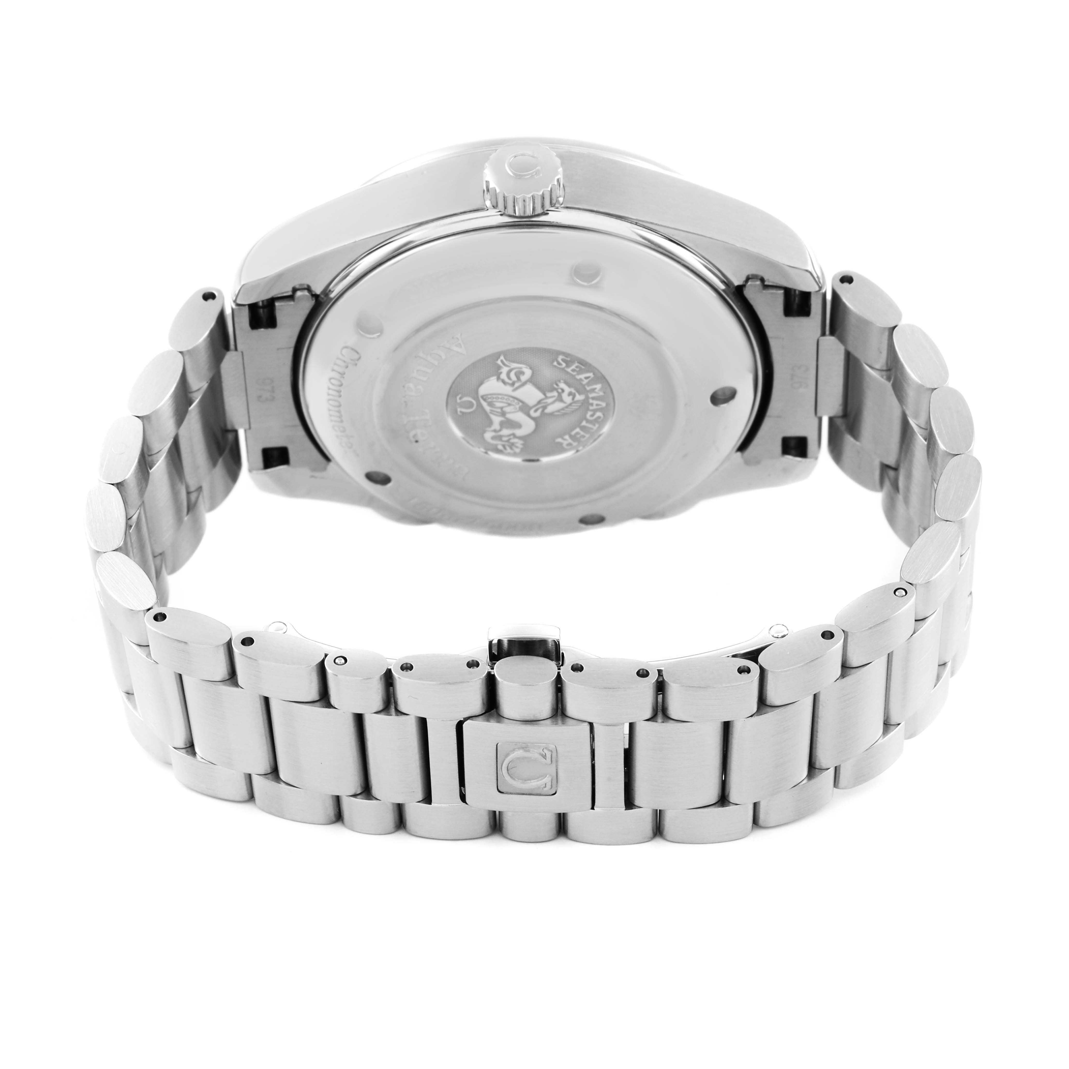 The Omega Aqua Terra 2513.30.00 Men's Stainless Steel Silver Dial watch is shown from the back, highlighting its case back and metal bracelet.