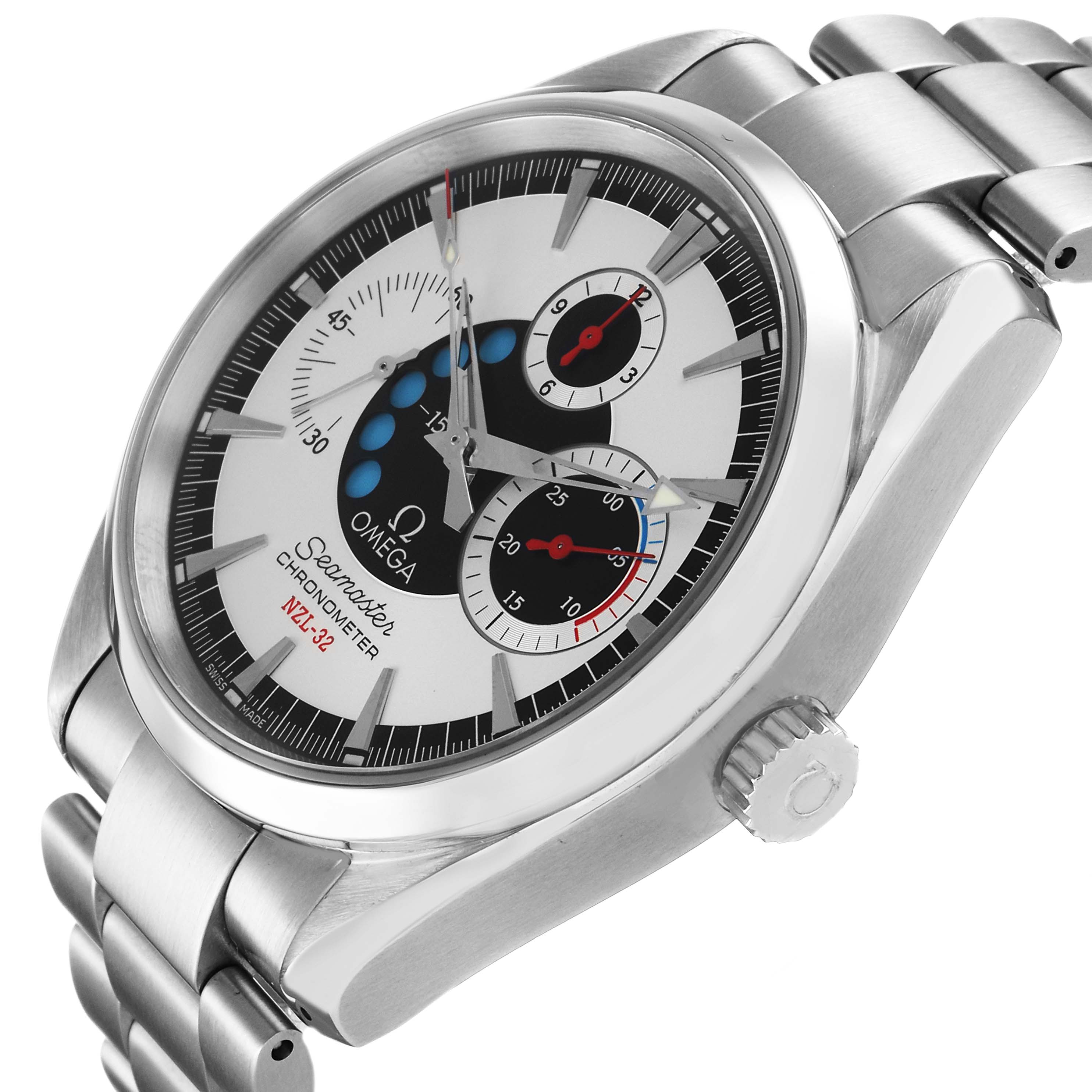 The Omega Aqua Terra 2513.30.00 Men's Stainless Steel Silver Dial watch is shown at an angled view, displaying the face, bezel, and part of the bracelet.