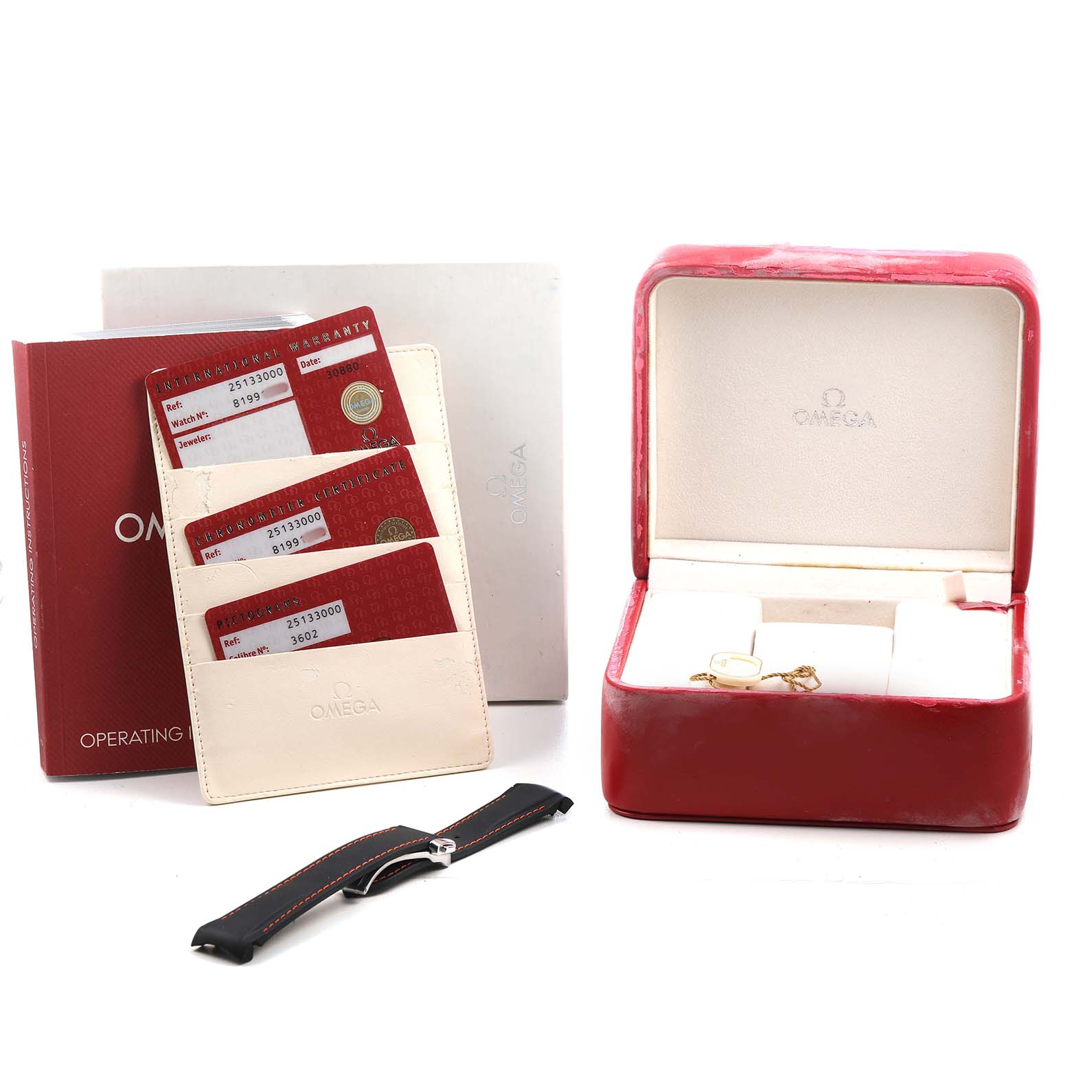 The image shows Omega Aqua Terra 2513.30.00 Men's Stainless Steel Silver Dial accessories, including a red case, warranty cards, an operating manual, and an extra strap.