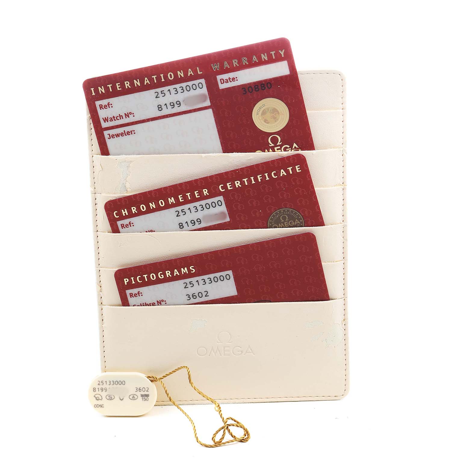 The image shows warranty cards and a tag for the Omega Aqua Terra 2513.30.00 Men's Stainless Steel Silver Dial model, displayed in a cardholder.