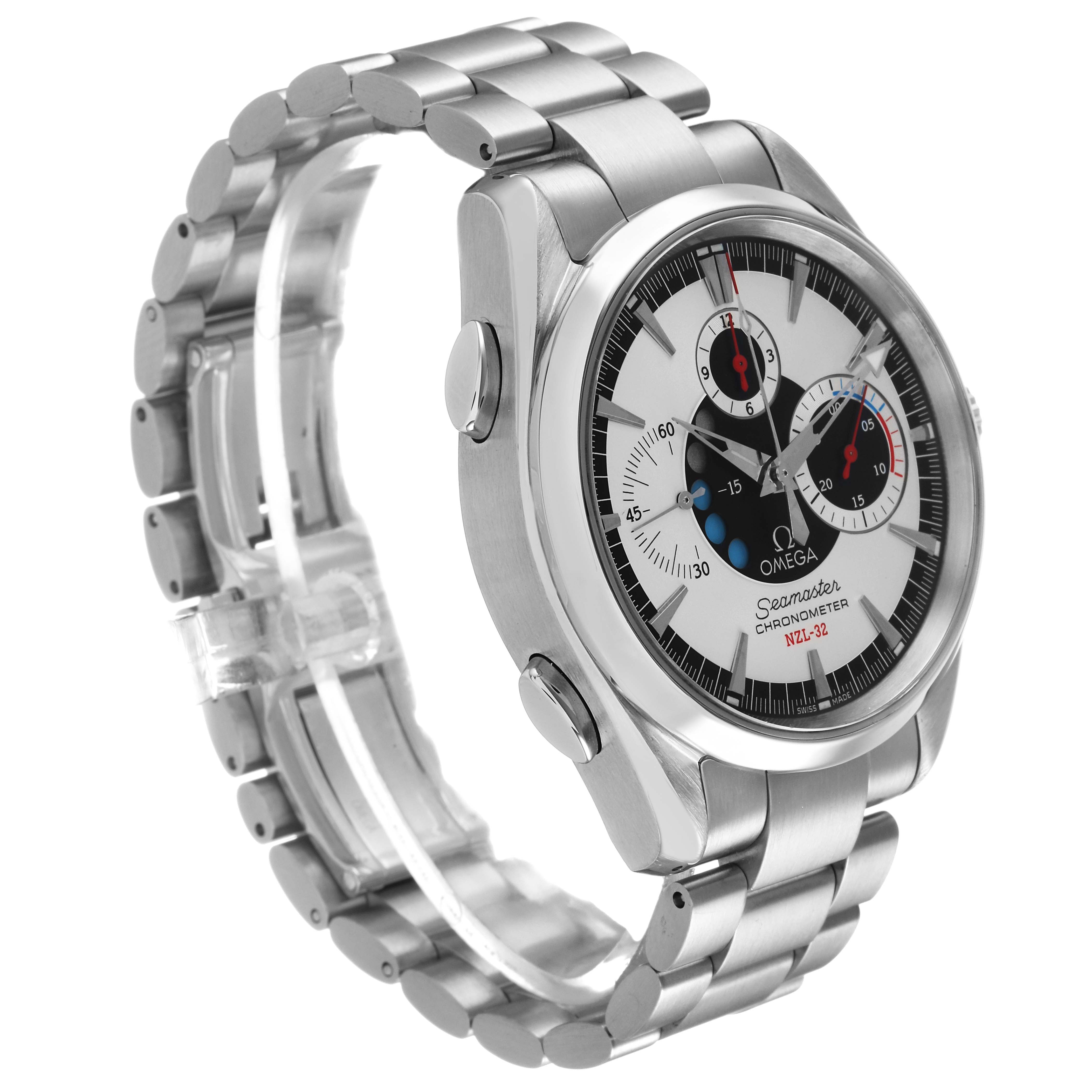 The Omega Aqua Terra 2513.30.00 Men's Stainless Steel Silver Dial watch is shown at an angled side view, highlighting its case, bracelet, and dial features.