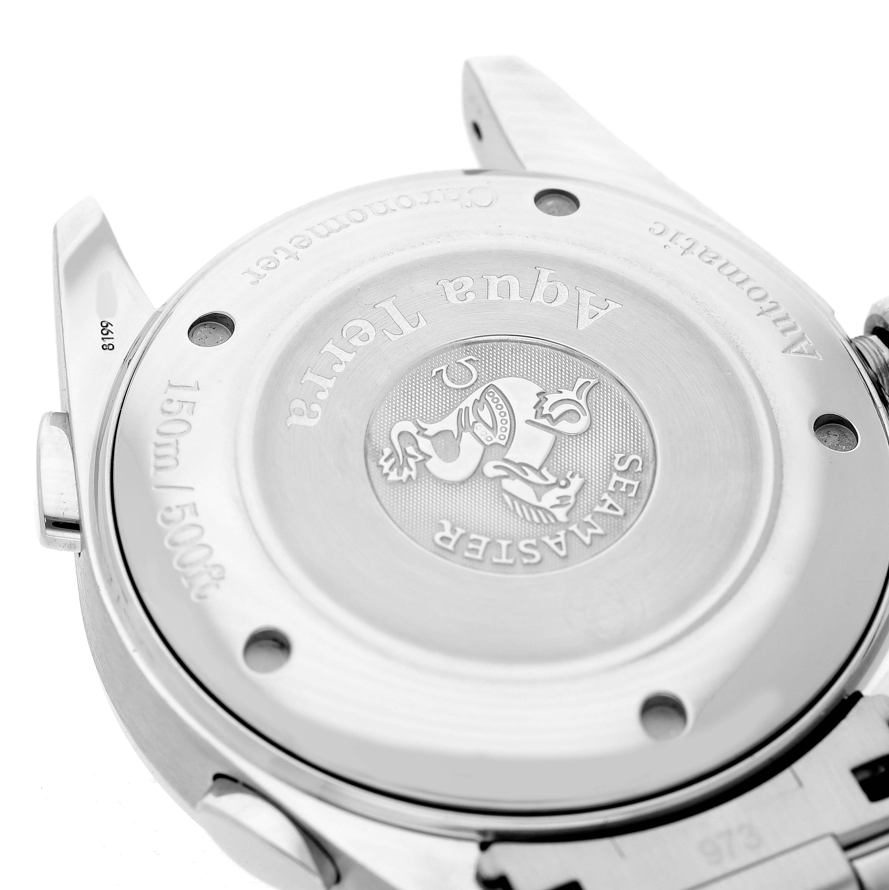 The image shows the back case of the Omega Aqua Terra 2513.30.00 Men's Stainless Steel Silver Dial watch, highlighting the engraved design and model details.