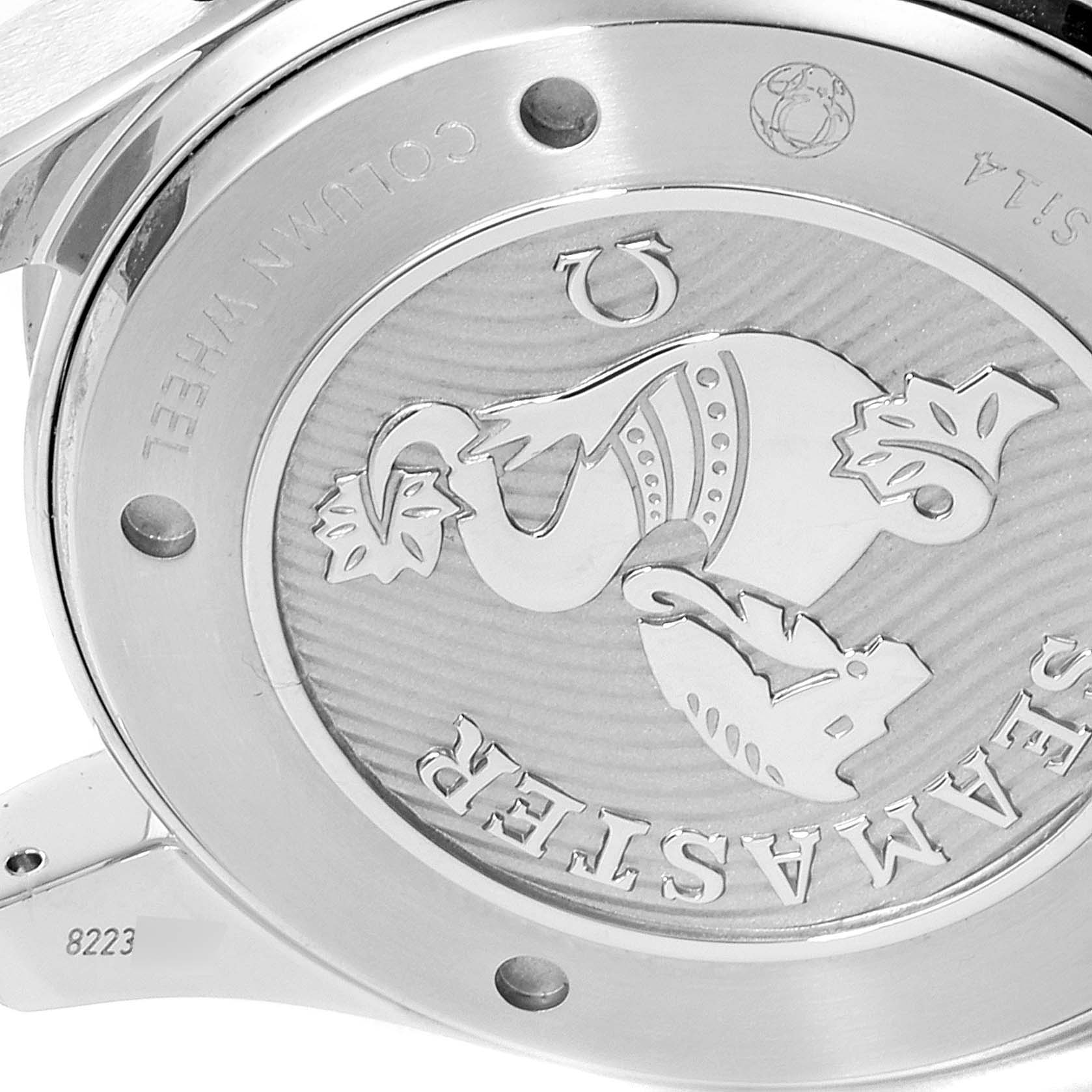 This image shows the case back of an Omega Seamaster 212.30.44.50.03.001 Men's Stainless Steel Blue Dial 212.30.44.50.03.001 Men's Stainless Steel Blue Dial watch, featuring intricate engravings and branding details.