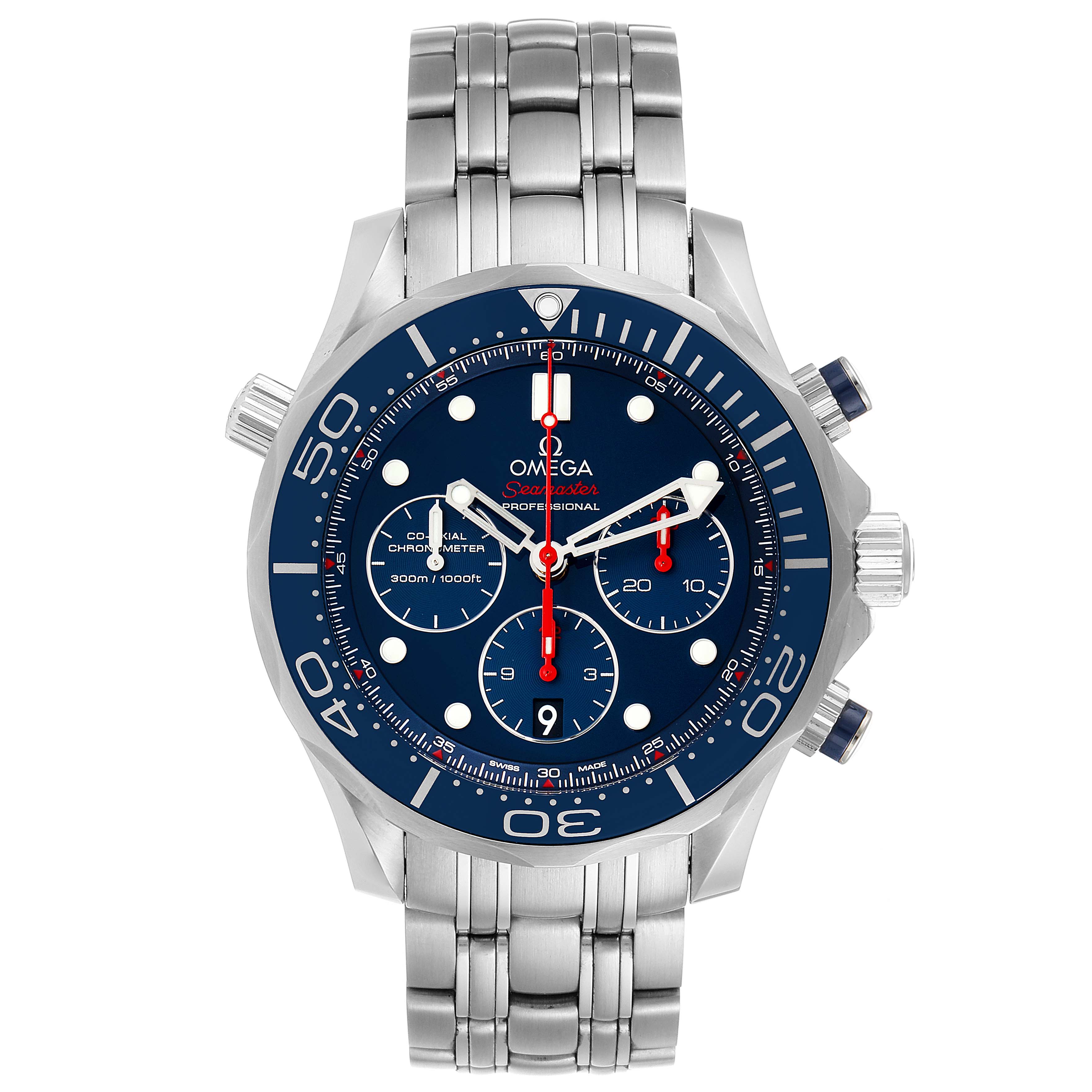 The image shows a front view of an Omega Seamaster 212.30.44.50.03.001 Men's Stainless Steel Blue Dial 212.30.44.50.03.001 Men's Stainless Steel Blue Dial watch featuring a stainless steel bracelet and blue dial.