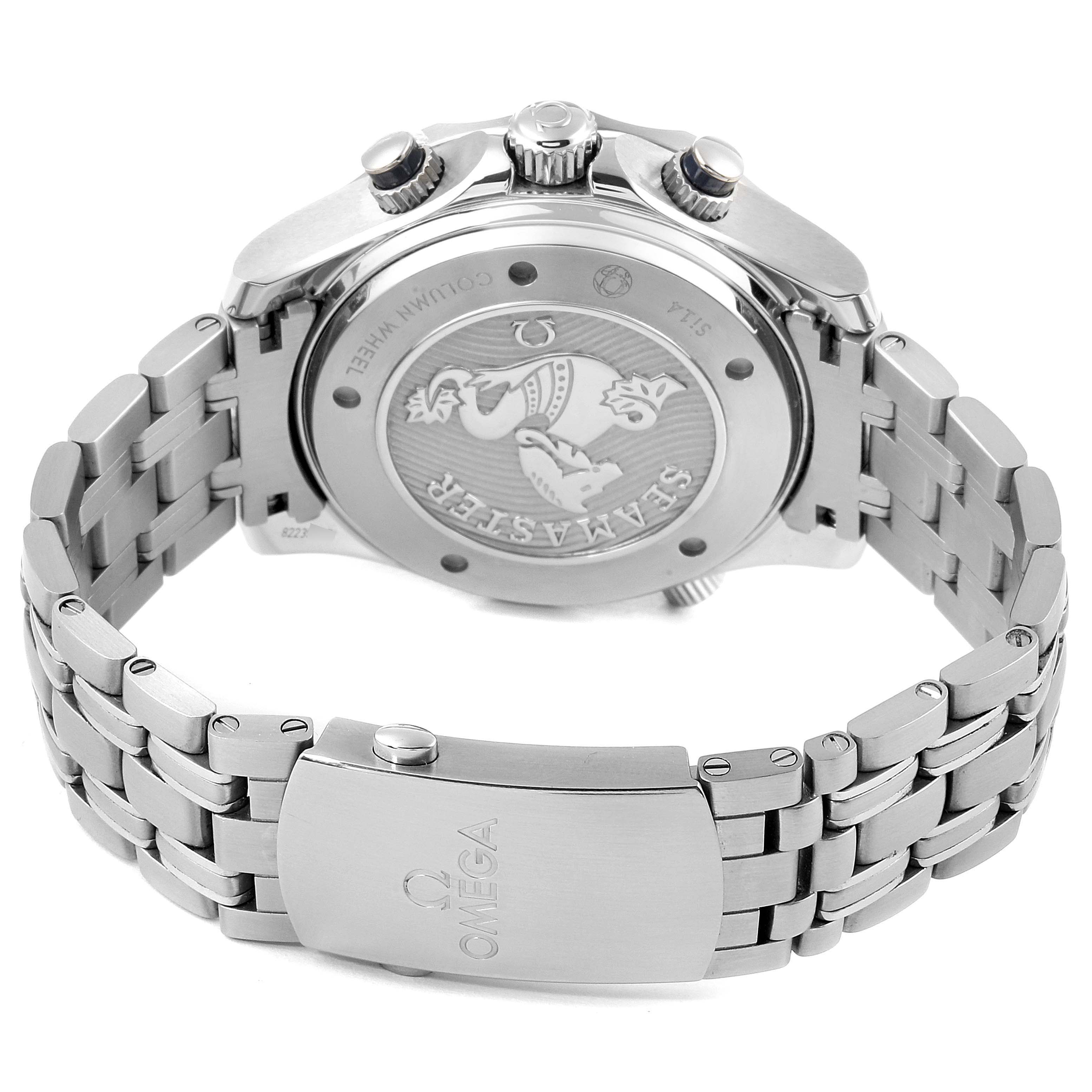 The image shows the back case, clasp, and bracelet of an Omega Seamaster 212.30.44.50.03.001 Men's Stainless Steel Blue Dial 212.30.44.50.03.001 Men's Stainless Steel Blue Dial watch from a rear angle.
