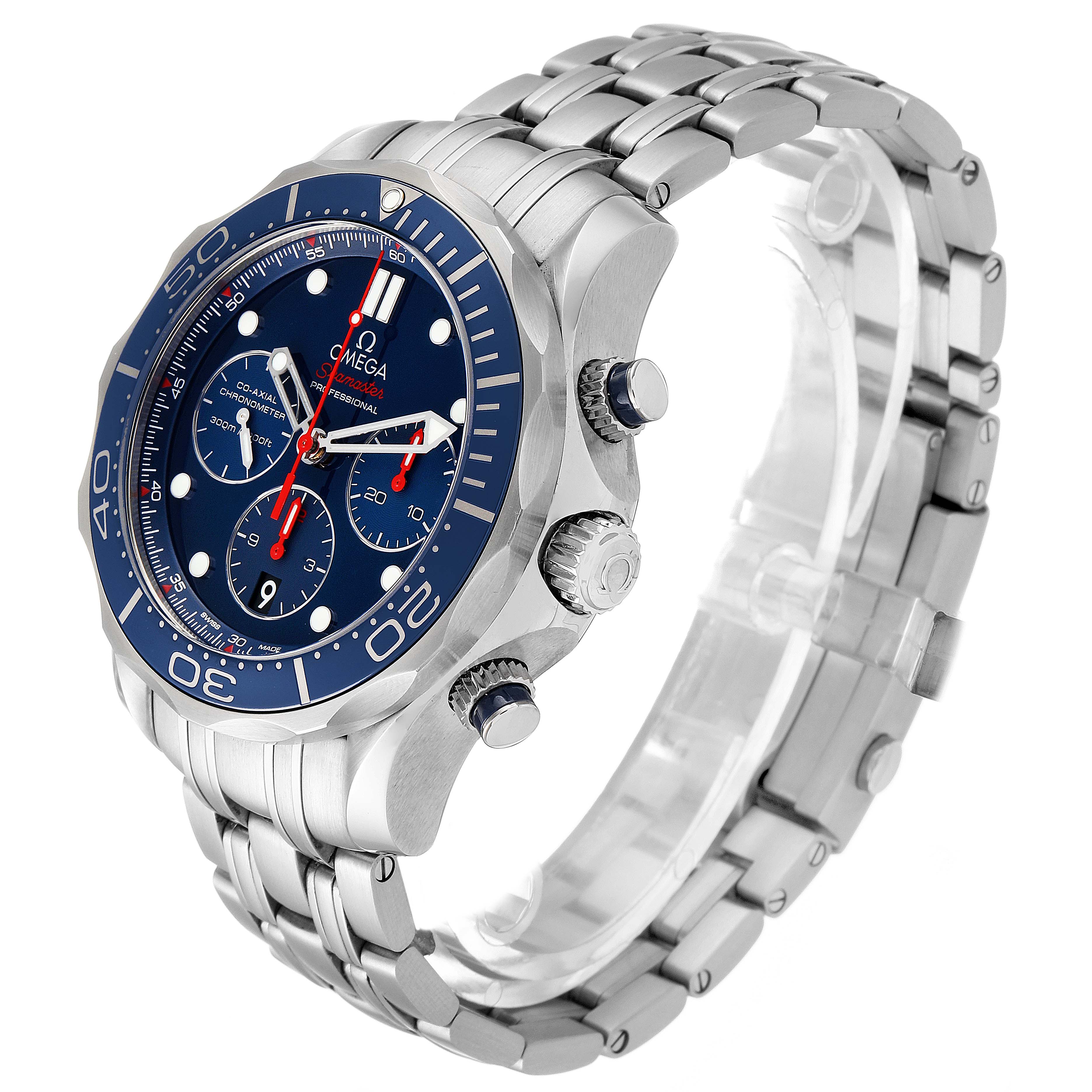 The image shows an Omega Seamaster 212.30.44.50.03.001 Men's Stainless Steel Blue Dial 212.30.44.50.03.001 Men's Stainless Steel Blue Dial watch at an angle displaying its face, bezel, crown, and stainless steel bracelet.