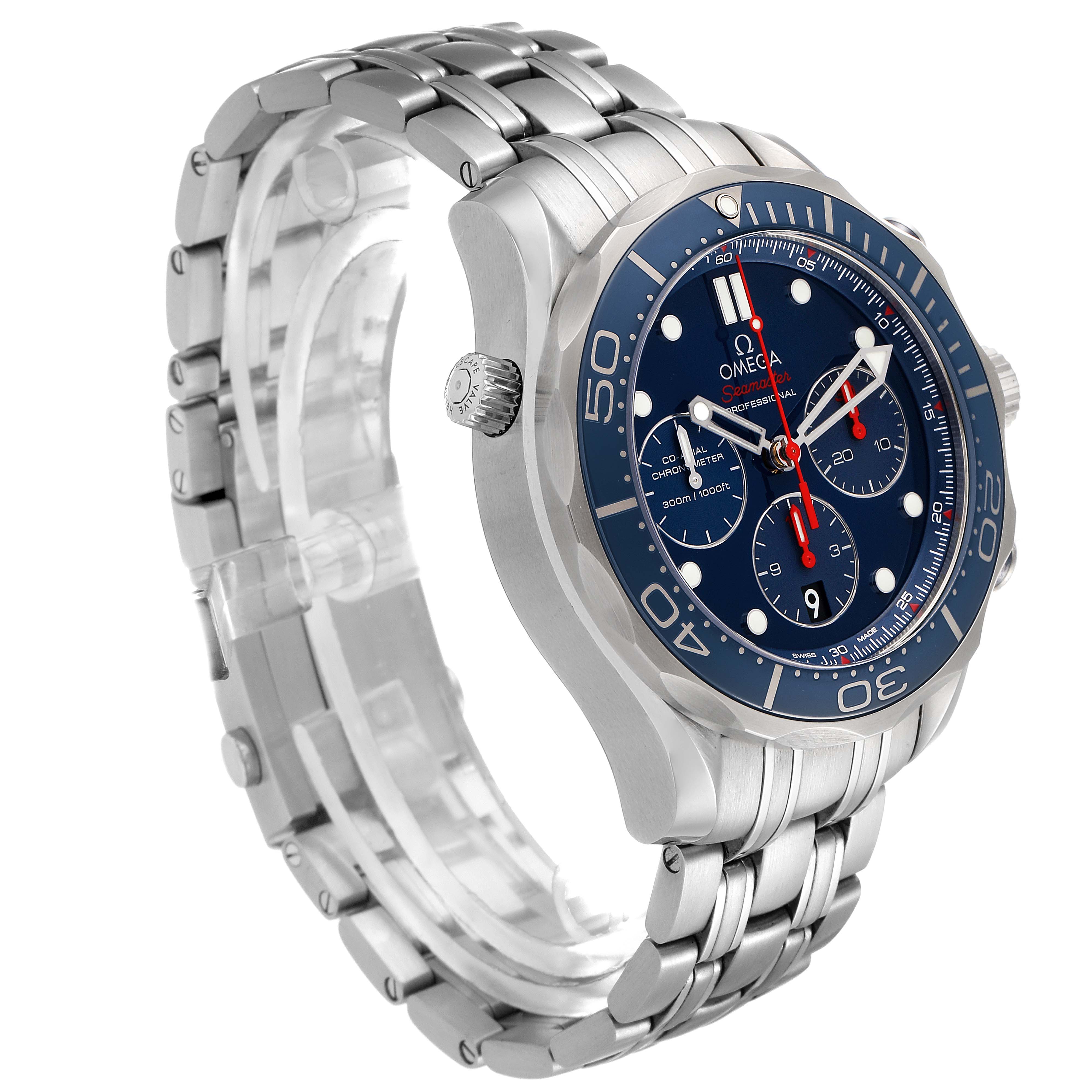 The image shows an Omega Seamaster 212.30.44.50.03.001 Men's Stainless Steel Blue Dial 212.30.44.50.03.001 Men's Stainless Steel Blue Dial watch from a three-quarter angle, highlighting its face, bezel, crown, and bracelet.