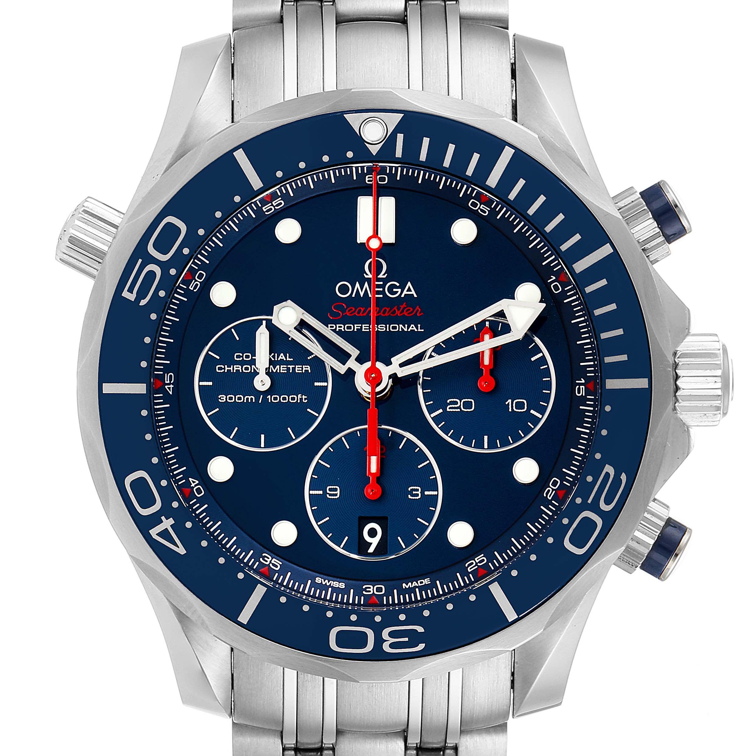 The Omega Seamaster 212.30.44.50.03.001 Men's Stainless Steel Blue Dial 212.30.44.50.03.001 Men's Stainless Steel Blue Dial watch is shown from a front angle, featuring a blue dial, chronograph subdials, and a stainless steel band.