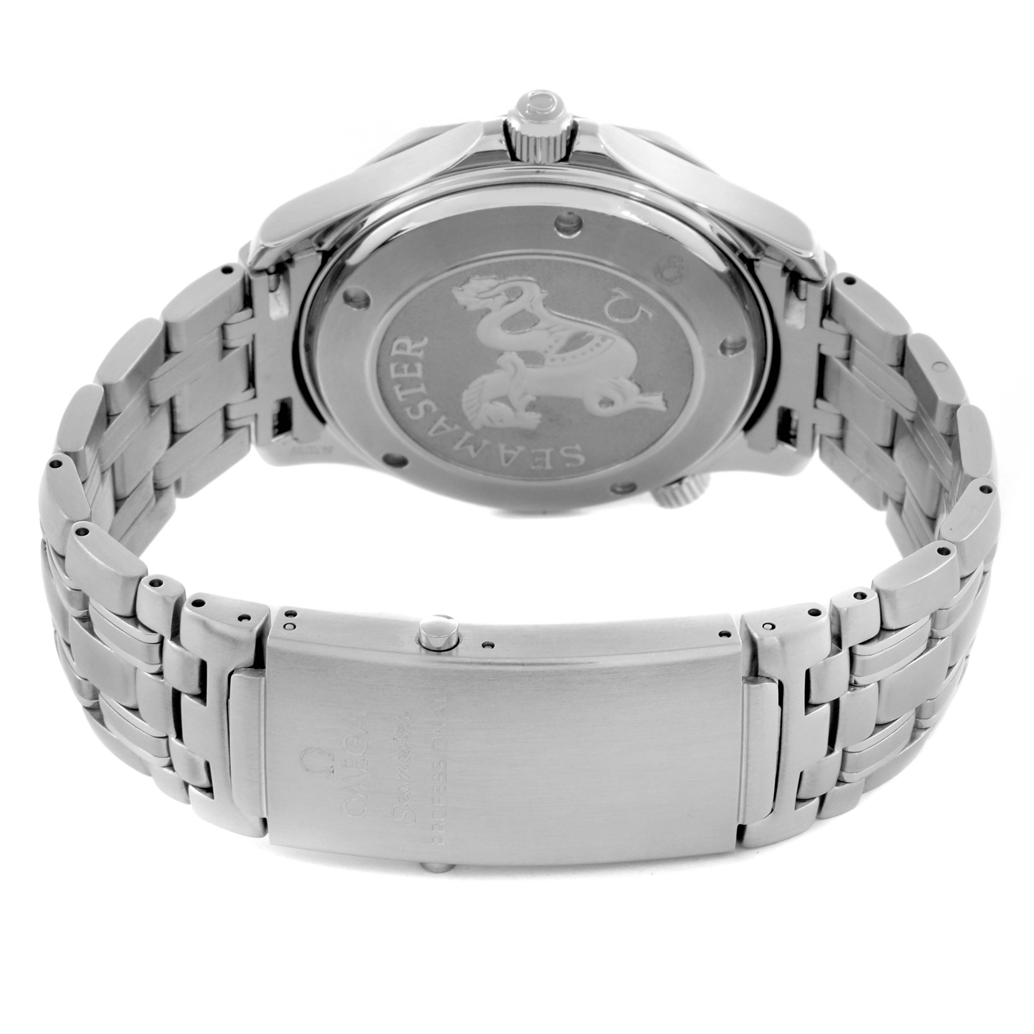 The image shows the back and clasp of an Omega Seamaster 2220.80.00 Men
s Stainless Steel Blue Dial 2220.80.00 Men
s Stainless Steel Blue Dial watch, highlighting the case back and metal bracelet.