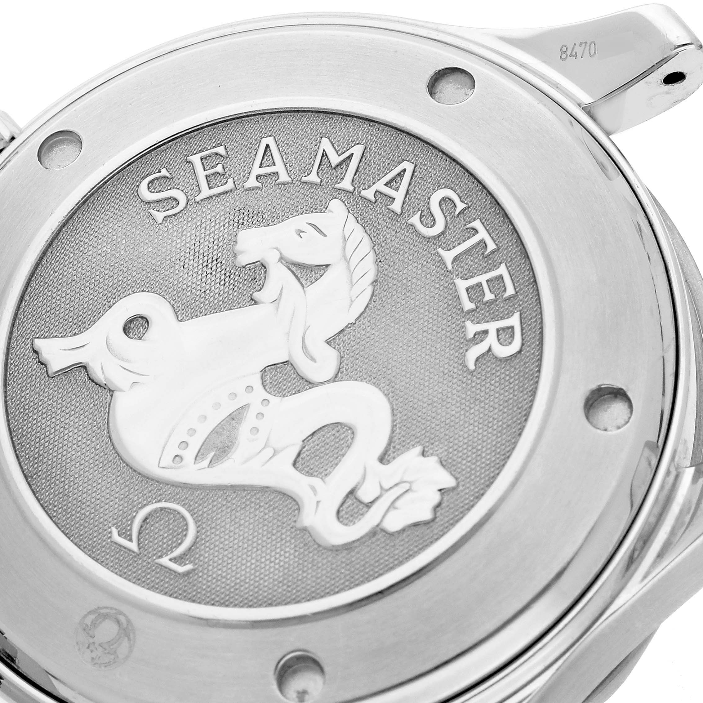 The image shows the back case of the Omega Seamaster 2220.80.00 Men
s Stainless Steel Blue Dial 2220.80.00 Men
s Stainless Steel Blue Dial watch, highlighting the embossed logo and model name.