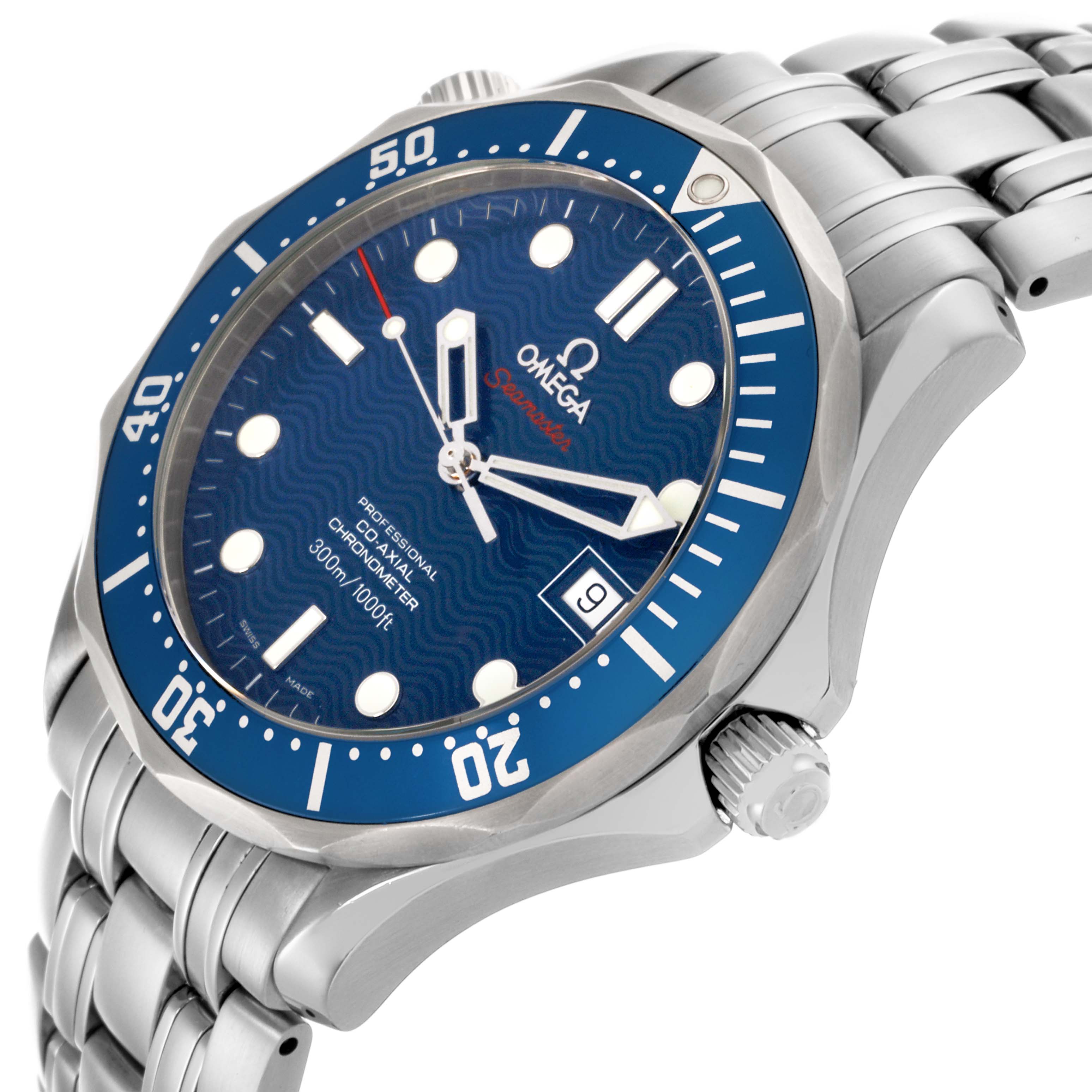 The Omega Seamaster 2220.80.00 Men
s Stainless Steel Blue Dial 2220.80.00 Men
s Stainless Steel Blue Dial watch is shown at an angled side view, highlighting the face, bezel, bracelet, and crown.