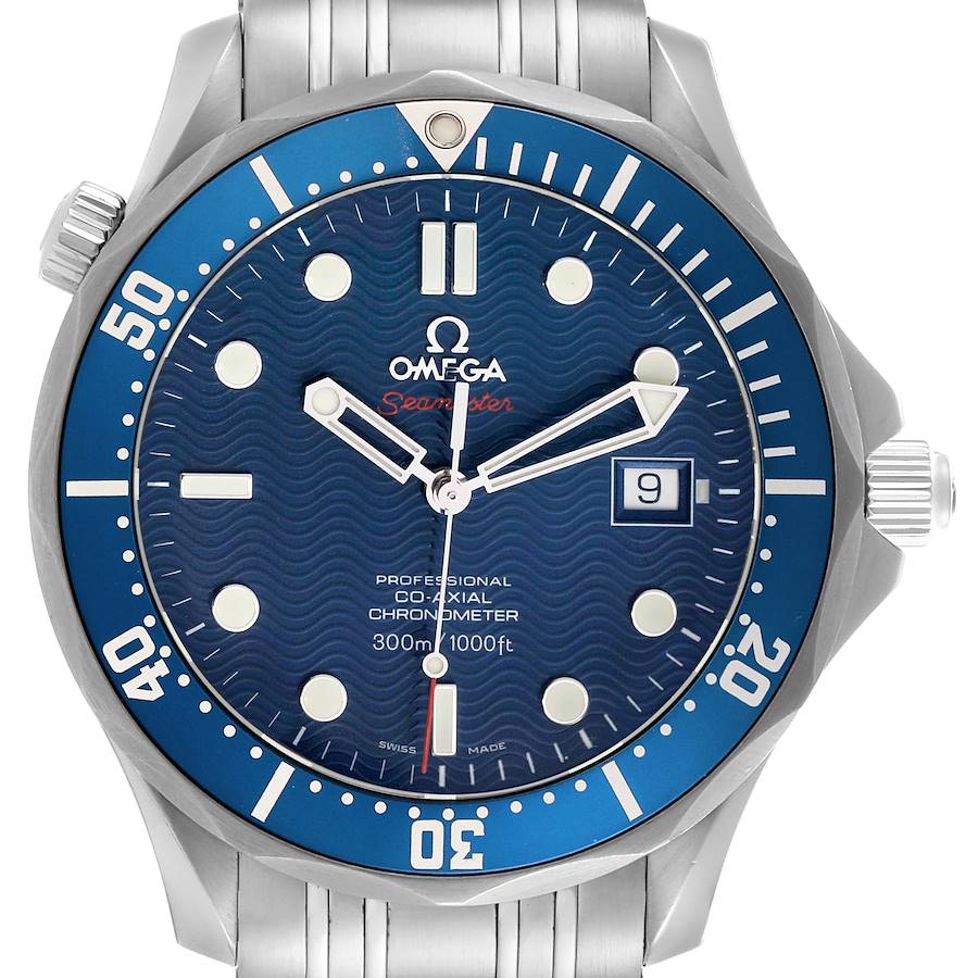 The Omega Seamaster watch is shown from the front, highlighting the dial, bezel, crown, and part of the bracelet.