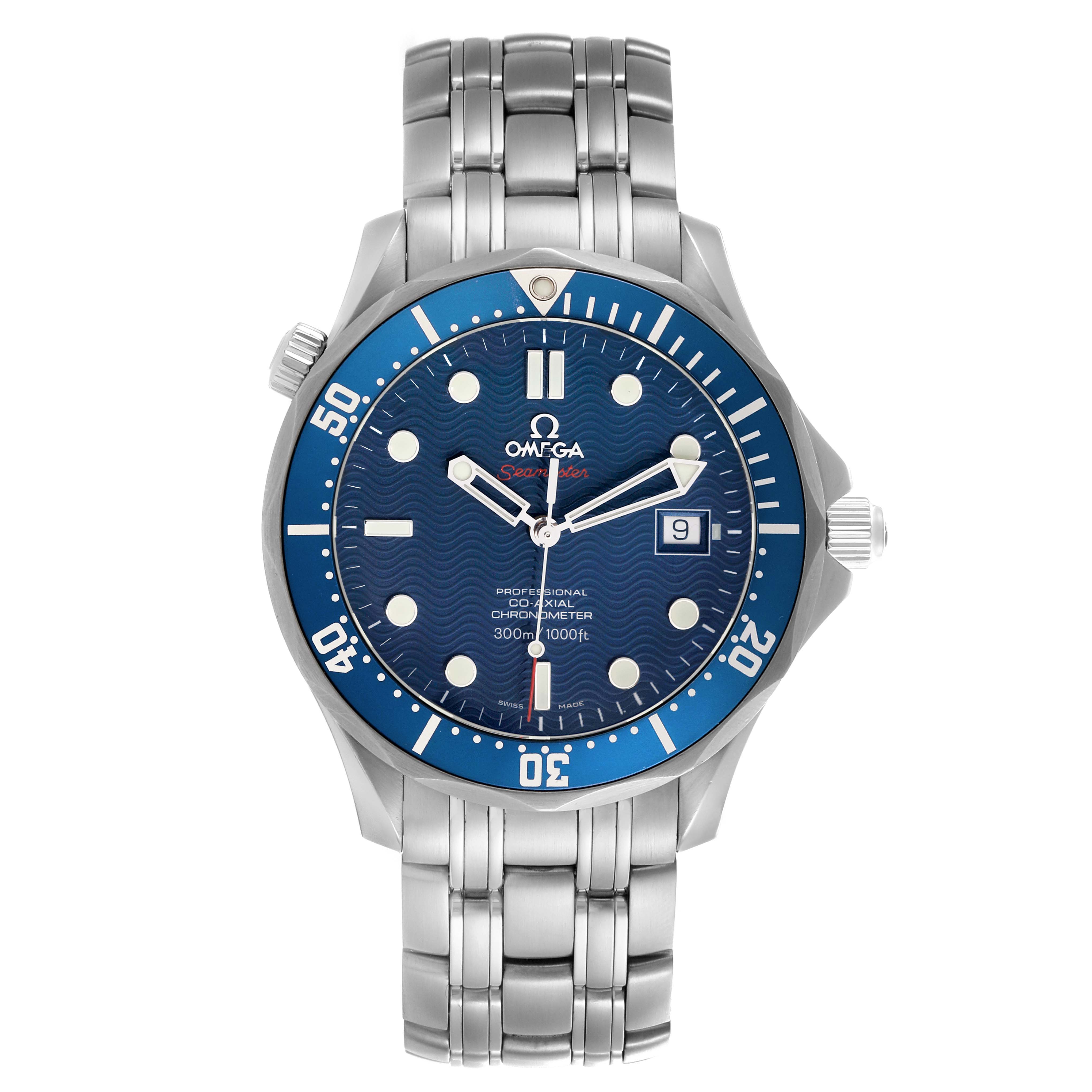 The Omega Seamaster 2220.80.00 Men
s Stainless Steel Blue Dial 2220.80.00 Men
s Stainless Steel Blue Dial watch is shown from the front, displaying its blue dial, bezel, and stainless steel bracelet.