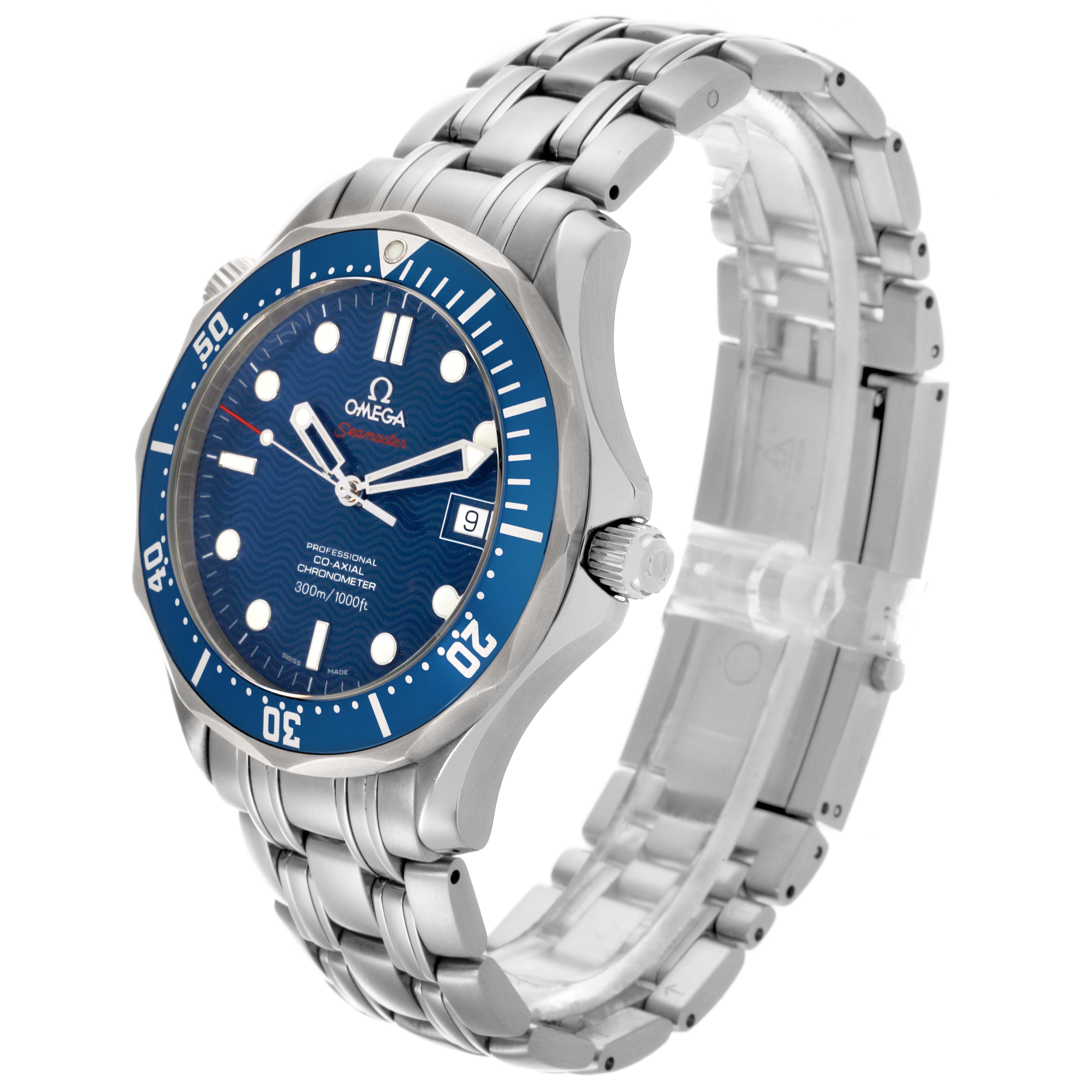 The Omega Seamaster 2220.80.00 Men
s Stainless Steel Blue Dial 2220.80.00 Men
s Stainless Steel Blue Dial watch is shown at a three-quarter angle, displaying the face, bezel, crown, and bracelet.