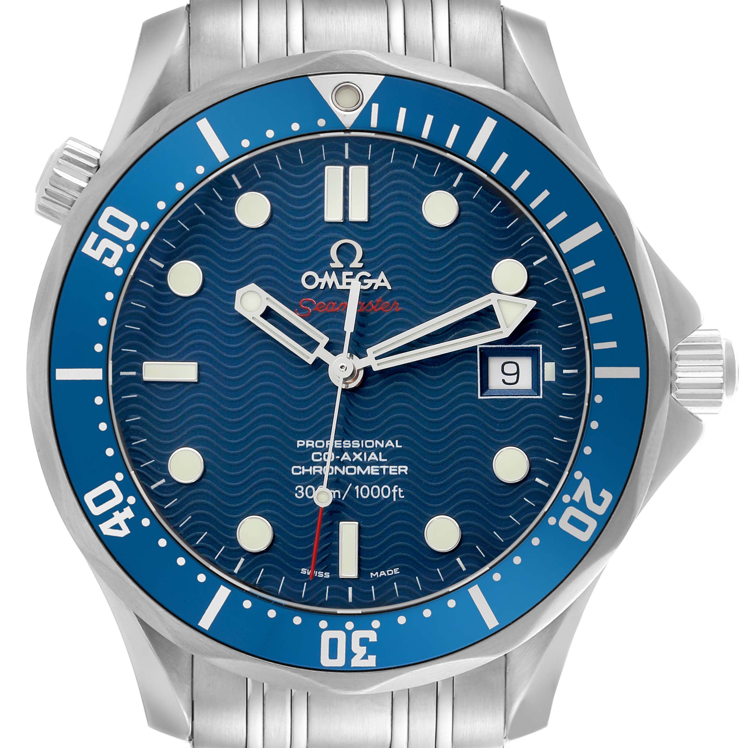 The Omega Seamaster 2220.80.00 Men's Stainless Steel Blue Dial 2220.80.00 Men's Stainless Steel Blue Dial watch is shown from the front, highlighting the dial, bezel, and case with a visible date indicator.