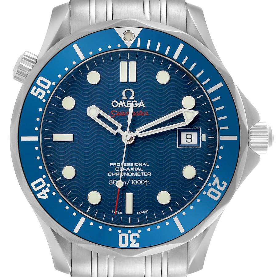 The Omega Seamaster watch is shown from the front, highlighting the dial, bezel, and case with a visible date indicator.