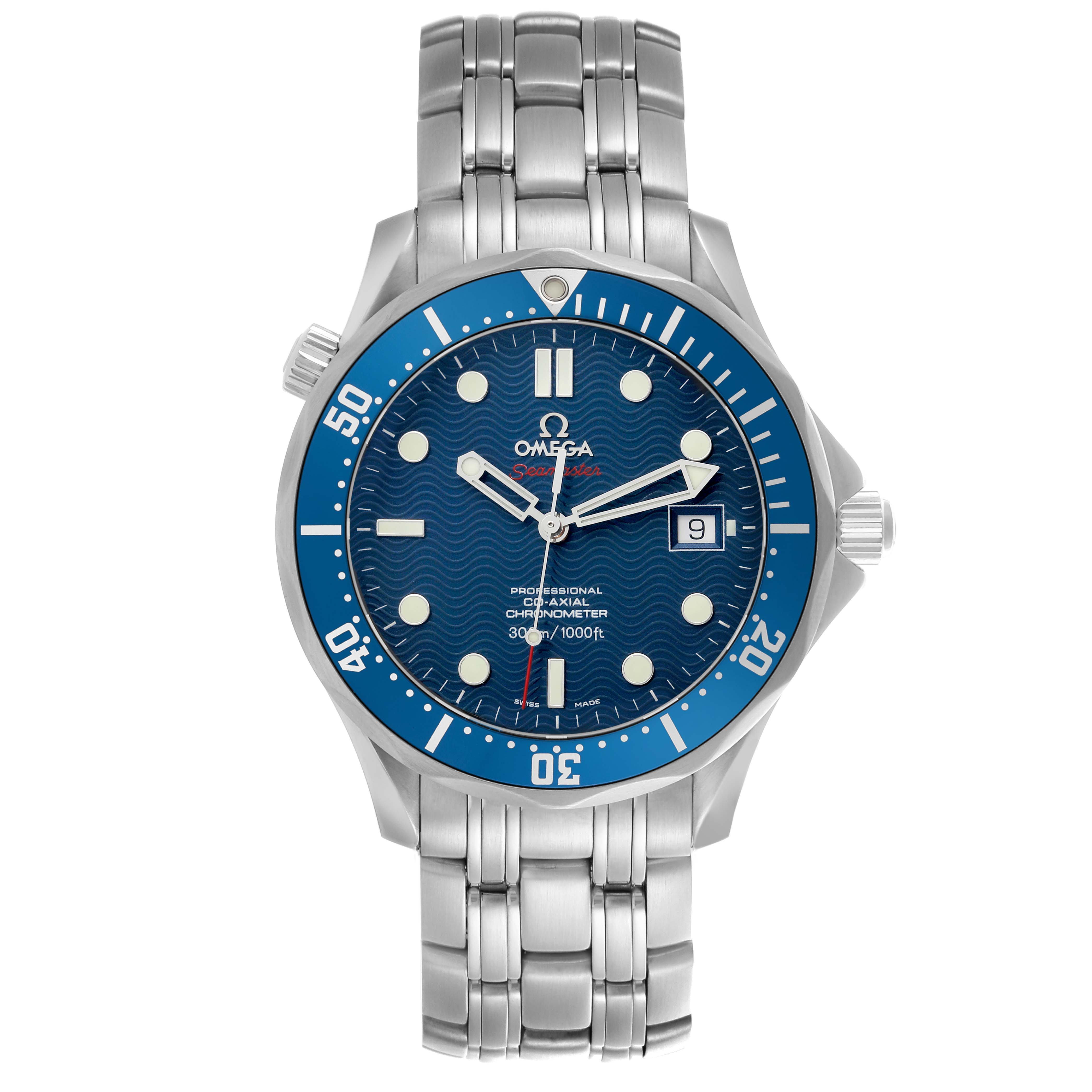 The image shows a front view of the Omega Seamaster 2220.80.00 Men's Stainless Steel Blue Dial 2220.80.00 Men's Stainless Steel Blue Dial watch, highlighting the bezel, dial, hands, bracelet, and crown.