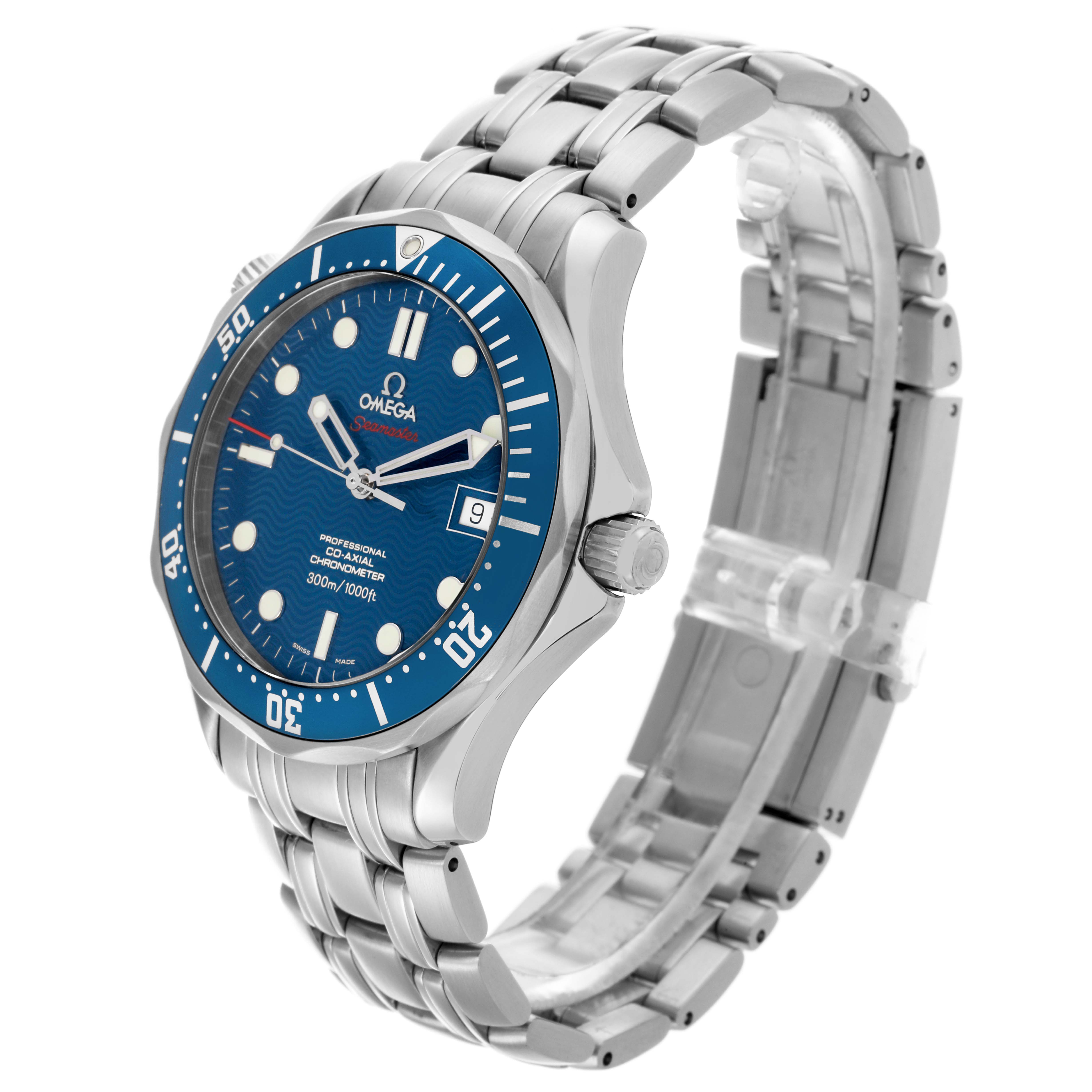 The Omega Seamaster 2220.80.00 Men's Stainless Steel Blue Dial 2220.80.00 Men's Stainless Steel Blue Dial watch is shown at a three-quarter angle, highlighting the blue dial, bezel, crown, and stainless steel bracelet.