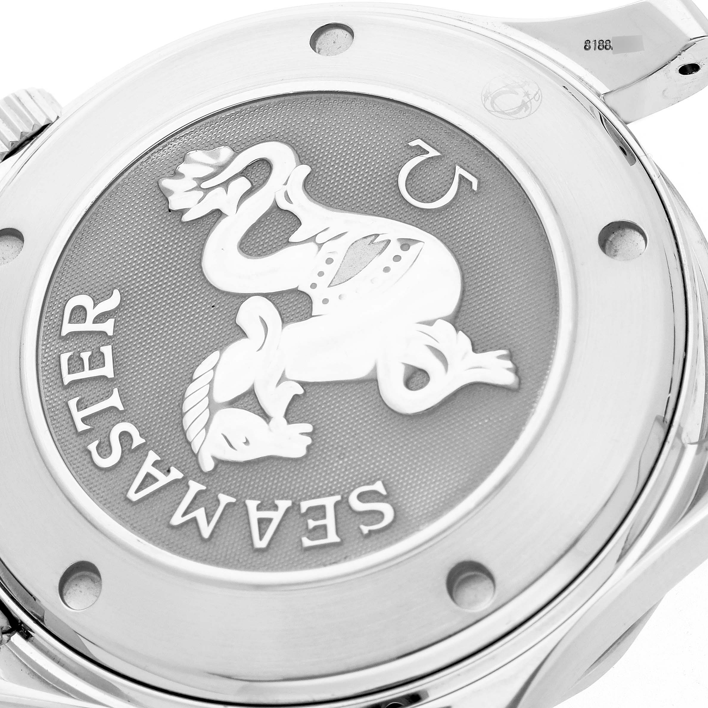 The image shows the case back of an Omega Seamaster 2220.80.00 Men's Stainless Steel Blue Dial 2220.80.00 Men's Stainless Steel Blue Dial watch, highlighting the embossed logo and "Seamaster" text.