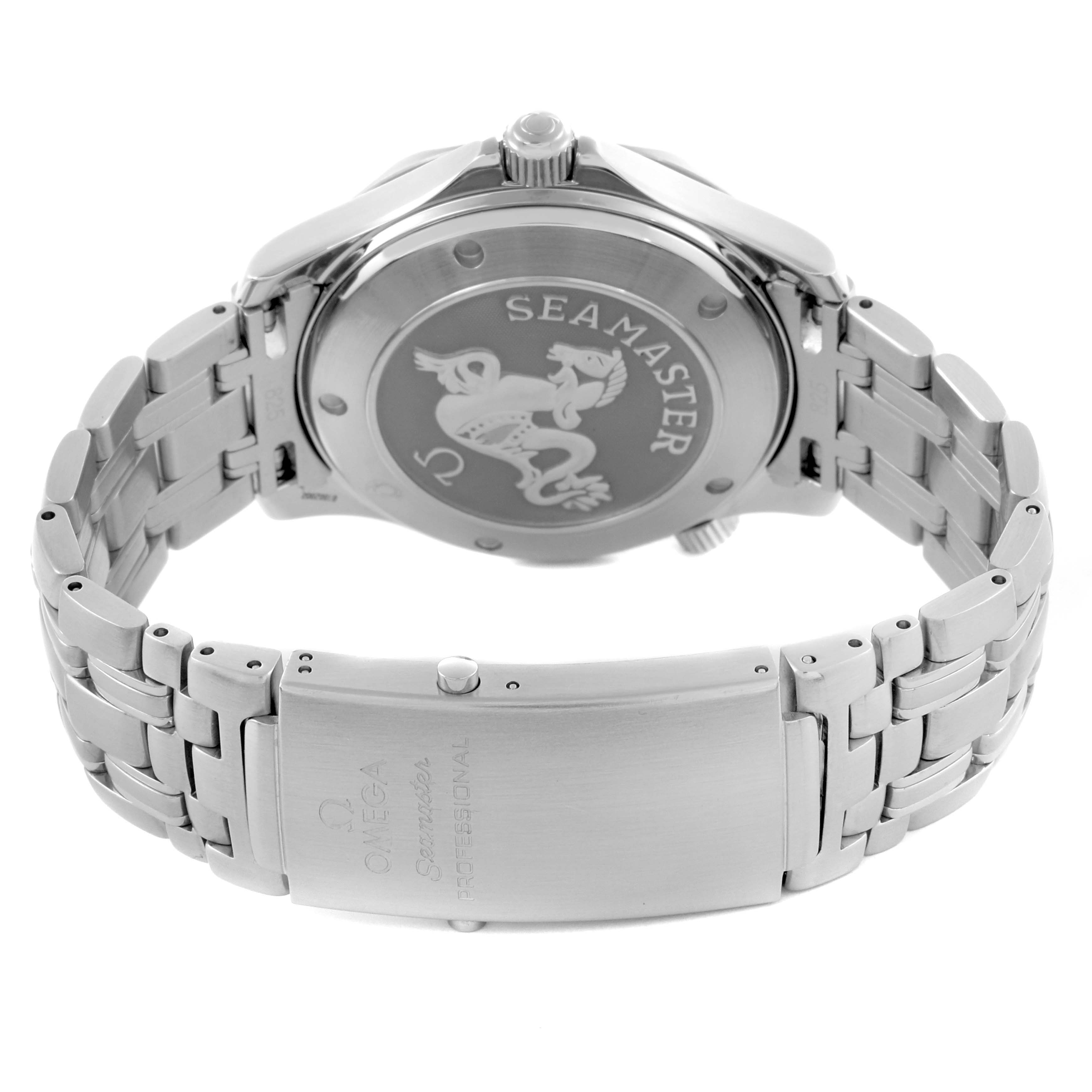 The Omega Seamaster 2220.80.00 Men's Stainless Steel Blue Dial 2220.80.00 Men's Stainless Steel Blue Dial is shown from the back, highlighting the case back, bracelet, and clasp.