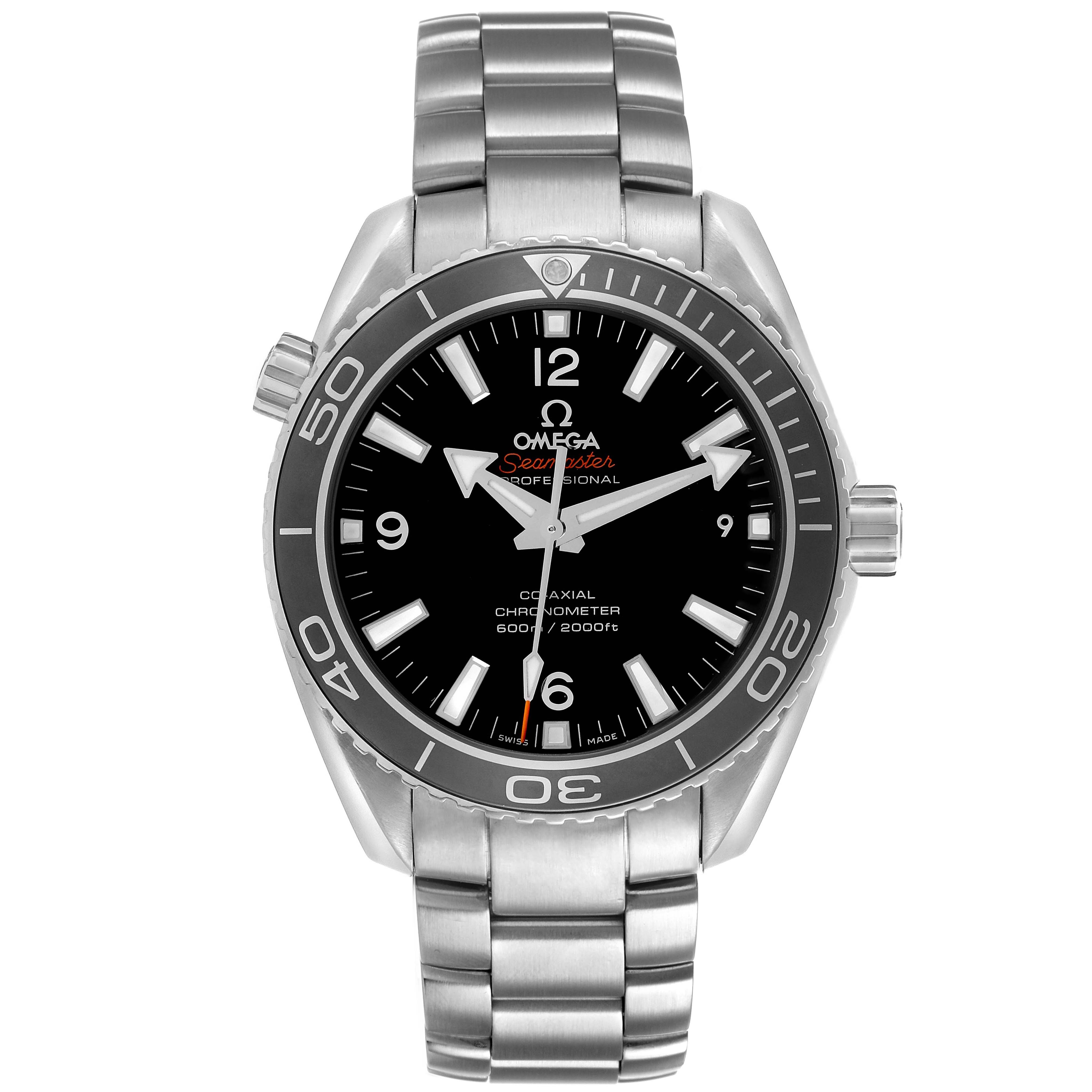 The Omega Seamaster 232.30.42.21.01.001 Men's Stainless Steel Black Dial watch is shown from a top-down angle, displaying the face, bezel, and metal bracelet clearly.