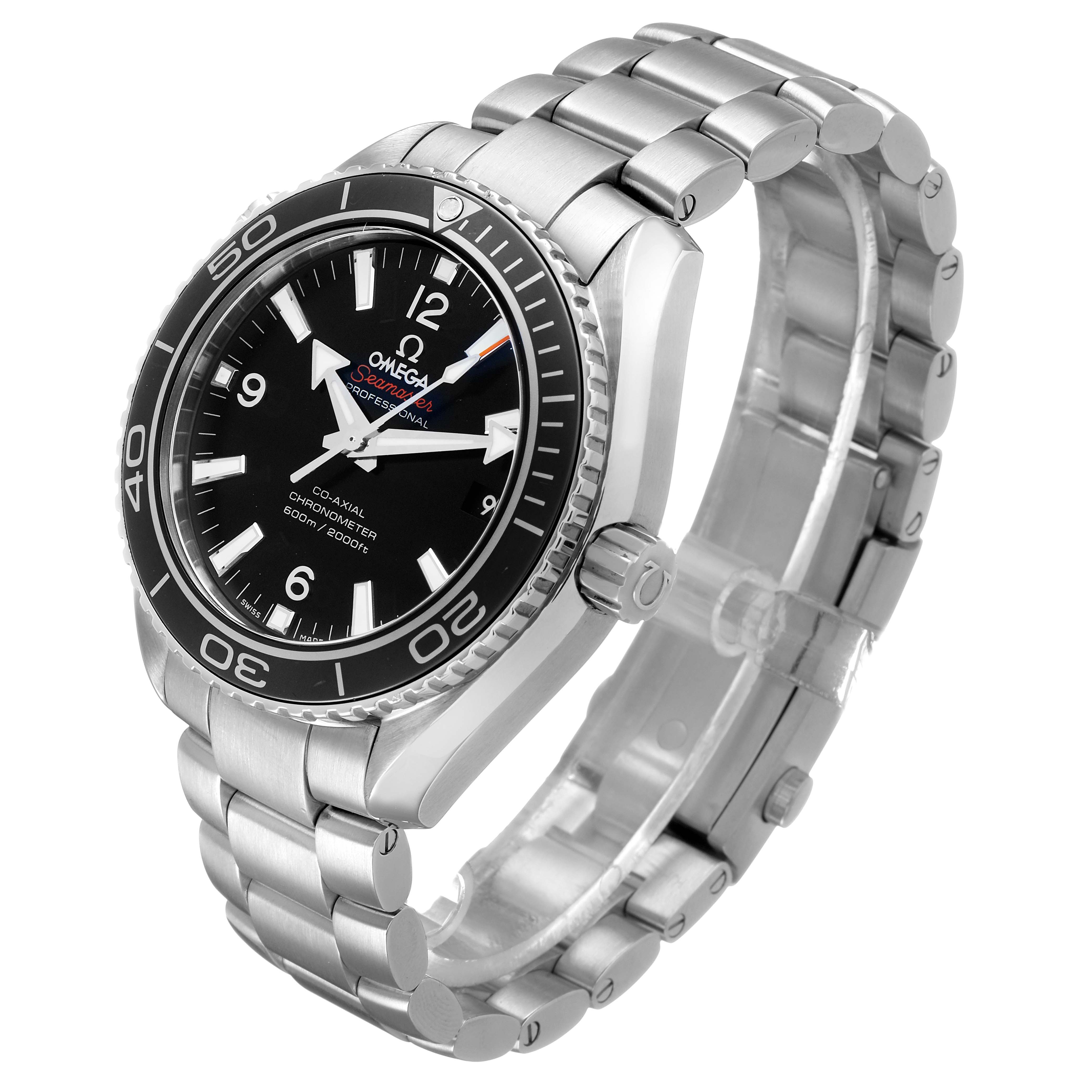 The Omega Seamaster 232.30.42.21.01.001 Men's Stainless Steel Black Dial watch is shown at a three-quarter angle, highlighting the face, bezel, crown, and metal bracelet.