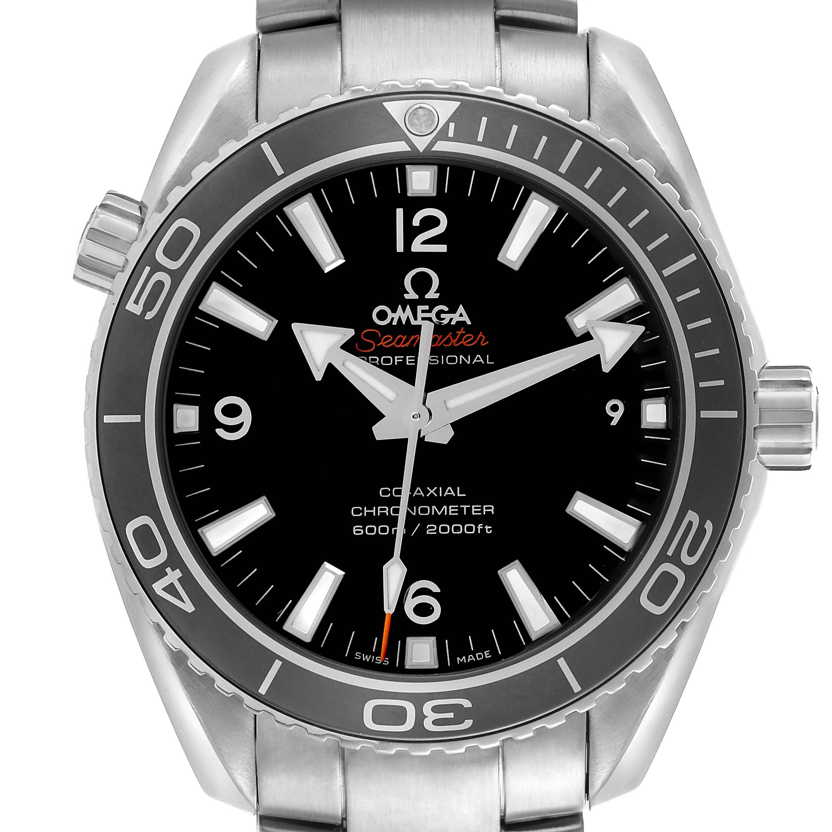 The Omega Seamaster 232.30.42.21.01.001 Men's Stainless Steel Black Dial watch is shown from a front angle, displaying the dial, bezel, and part of the bracelet.