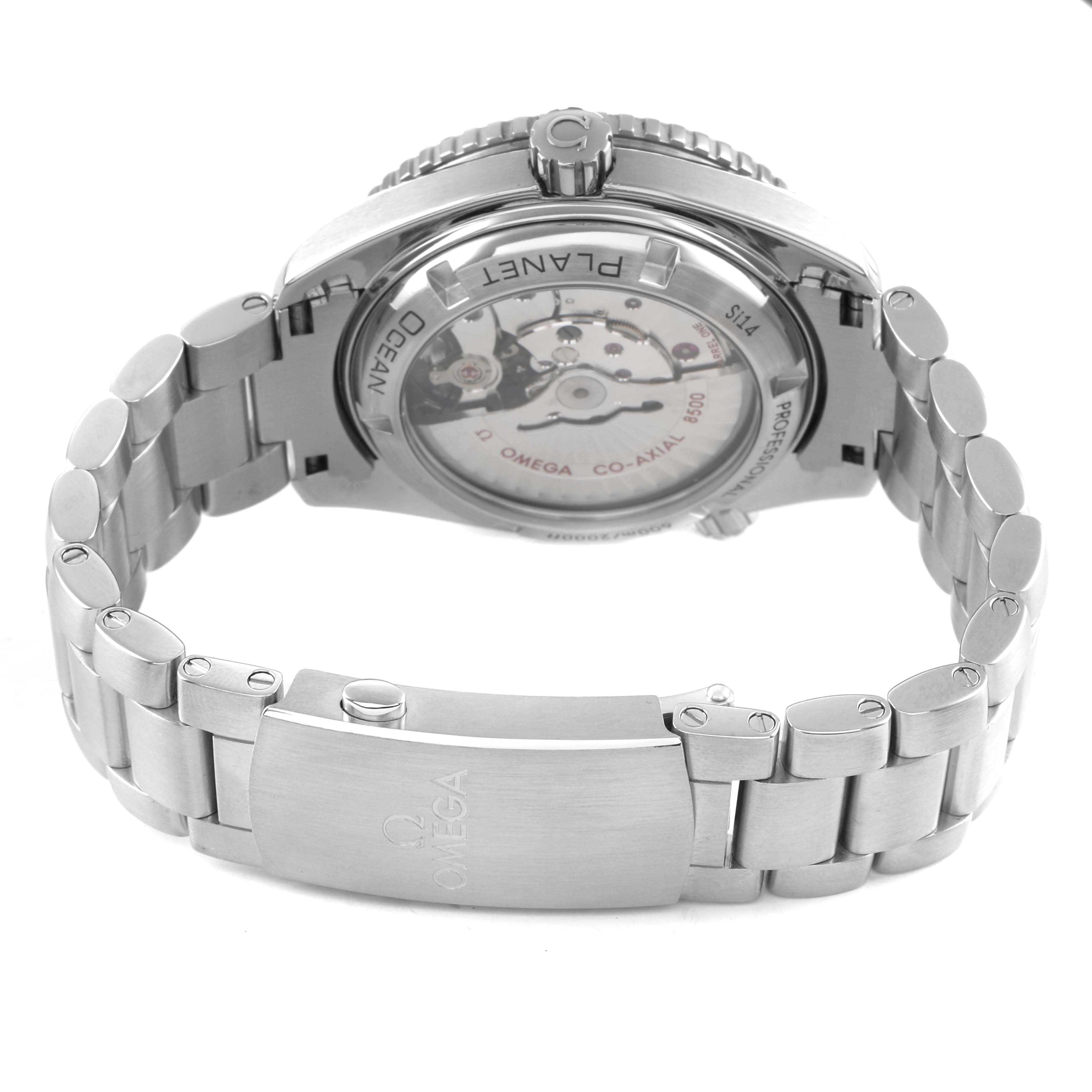 The Omega Seamaster 232.30.42.21.01.001 Men's Stainless Steel Black Dial is shown from the back, highlighting the open case back and stainless steel bracelet.