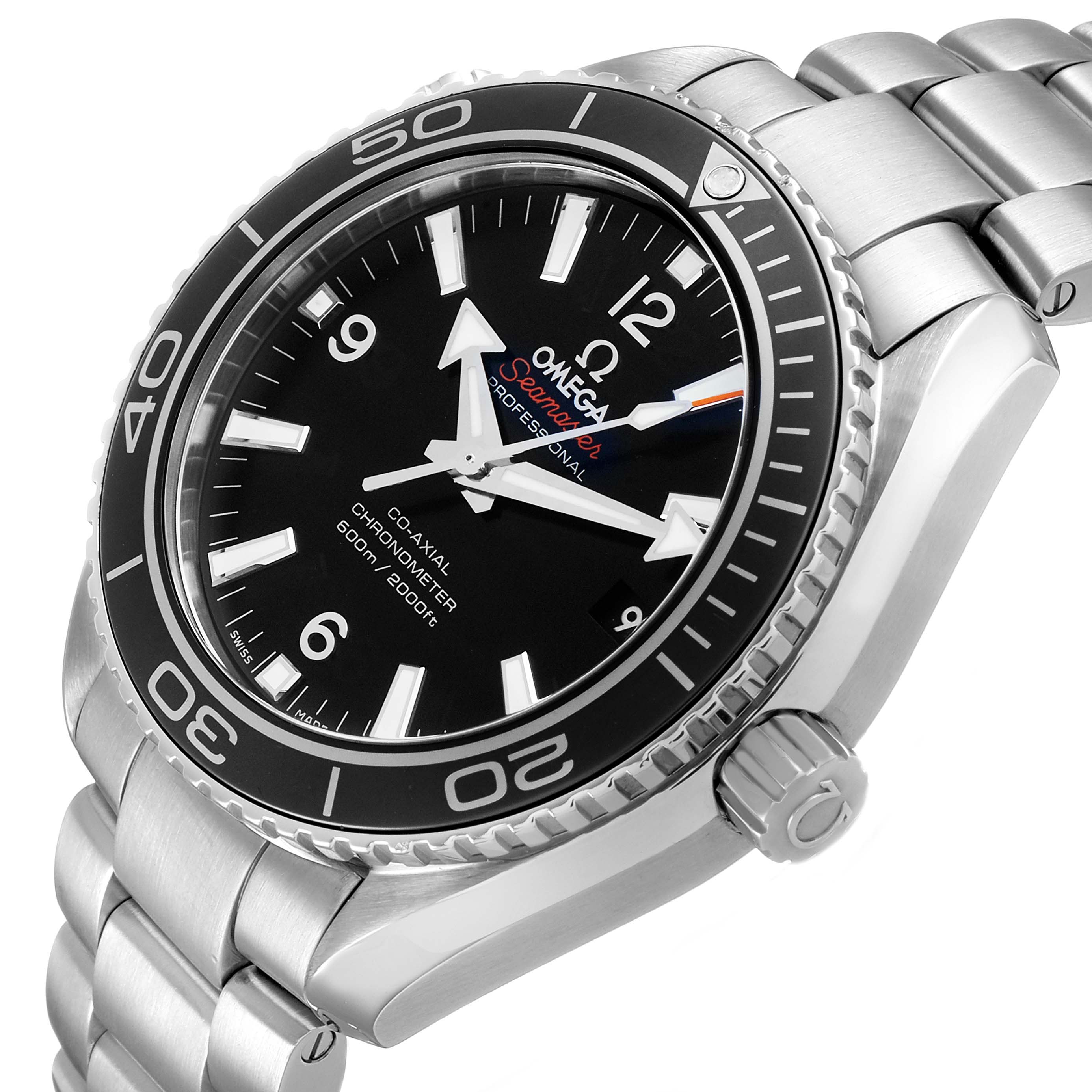 The Omega Seamaster 232.30.42.21.01.001 Men's Stainless Steel Black Dial watch is shown from a slightly angled side view, highlighting the bezel, crown, and part of the bracelet.
