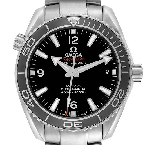 The Omega Seamaster 232.30.42.21.01.001 Men's Stainless Steel Black Dial watch is shown from a front angle, highlighting its bezel, dial, and crown.
