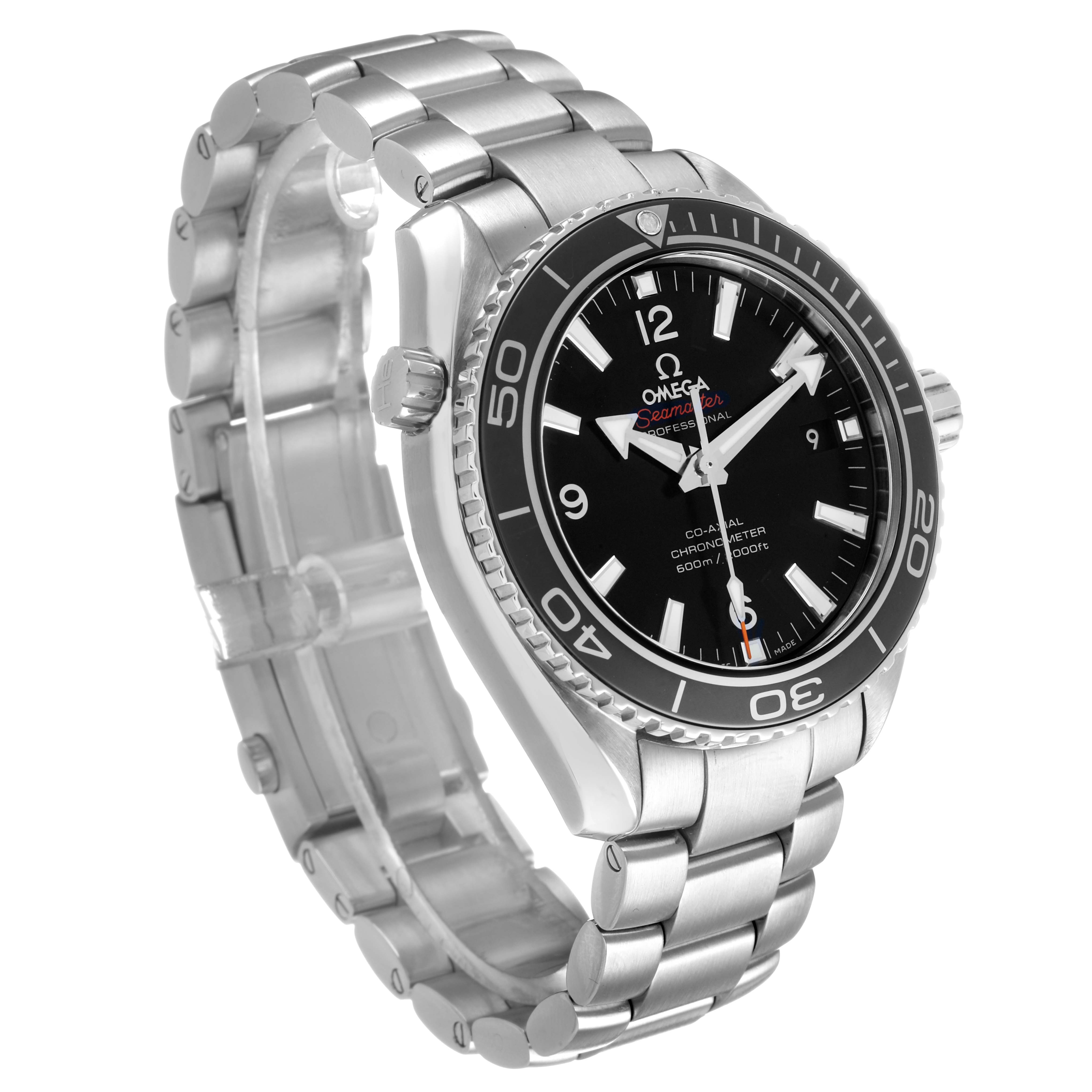 The Omega Seamaster 232.30.42.21.01.001 Men's Stainless Steel Black Dial watch is shown at a three-quarter view, highlighting the bezel, dial, bracelet, and crown.