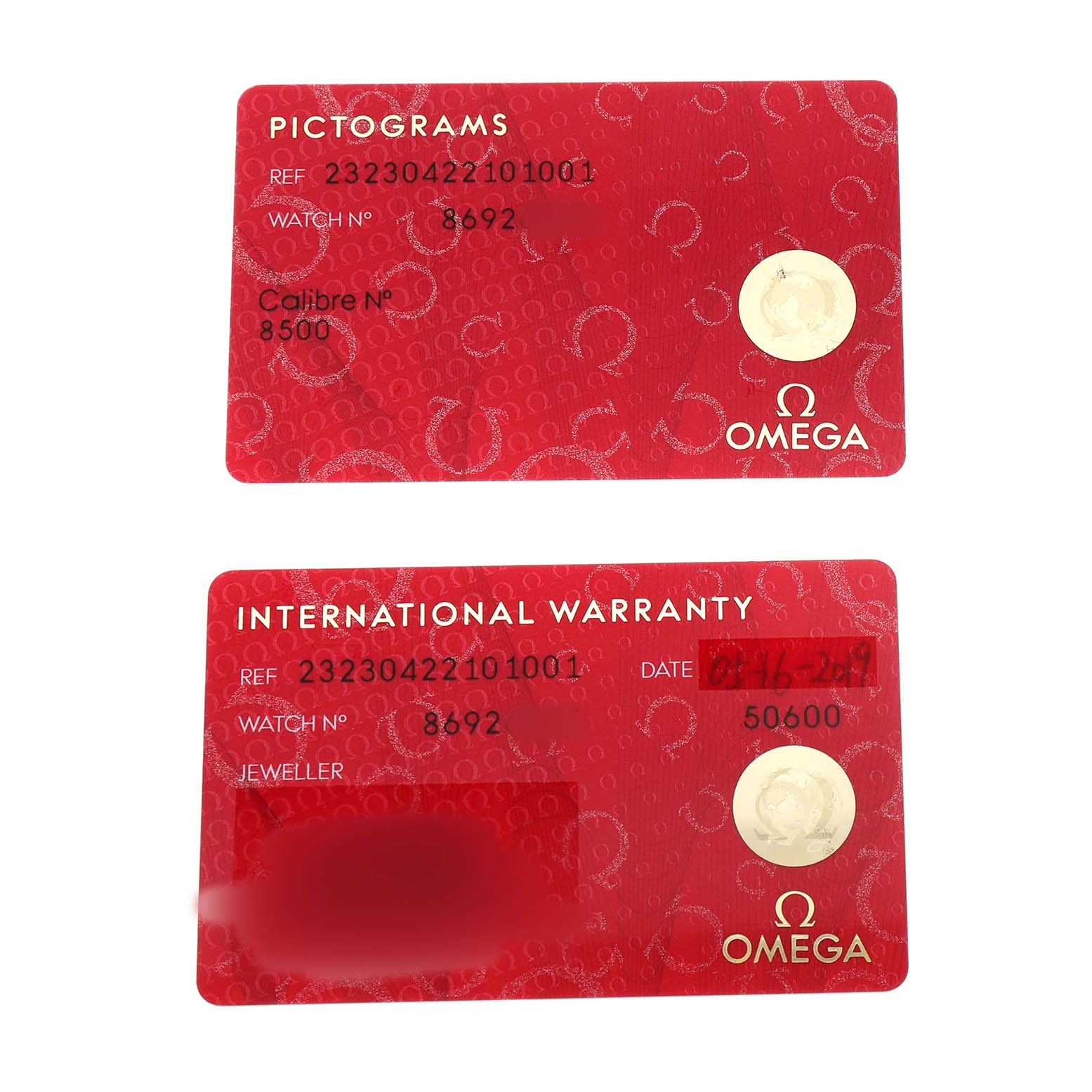 These are Omega Seamaster 232.30.42.21.01.001 Men's Stainless Steel Black Dial model pictogram and international warranty cards.