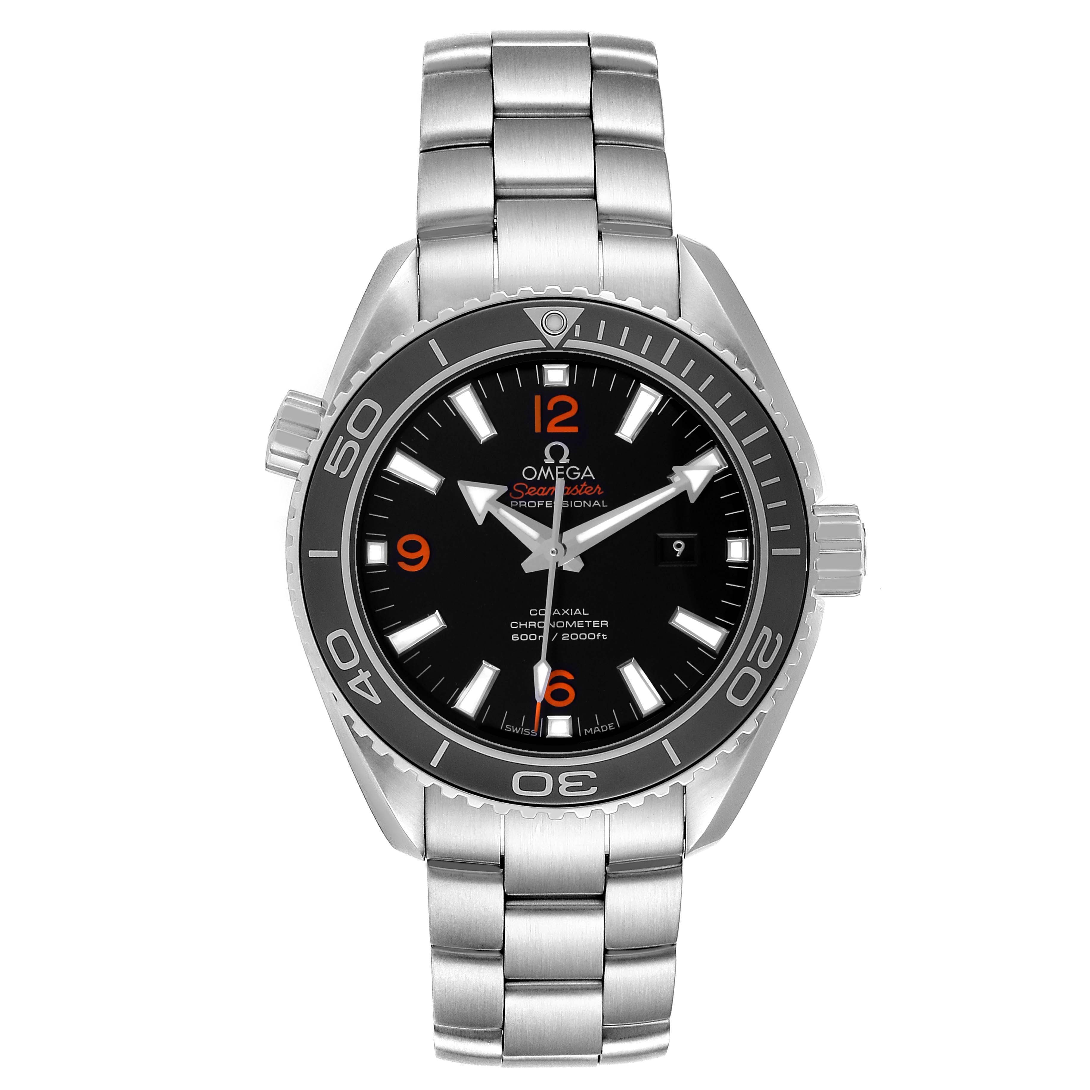 The Omega Planet Ocean 232.30.38.20.01.002 Men's Stainless Steel Black Dial watch is shown from the front, highlighting its face, bezel, crown, and stainless steel bracelet.