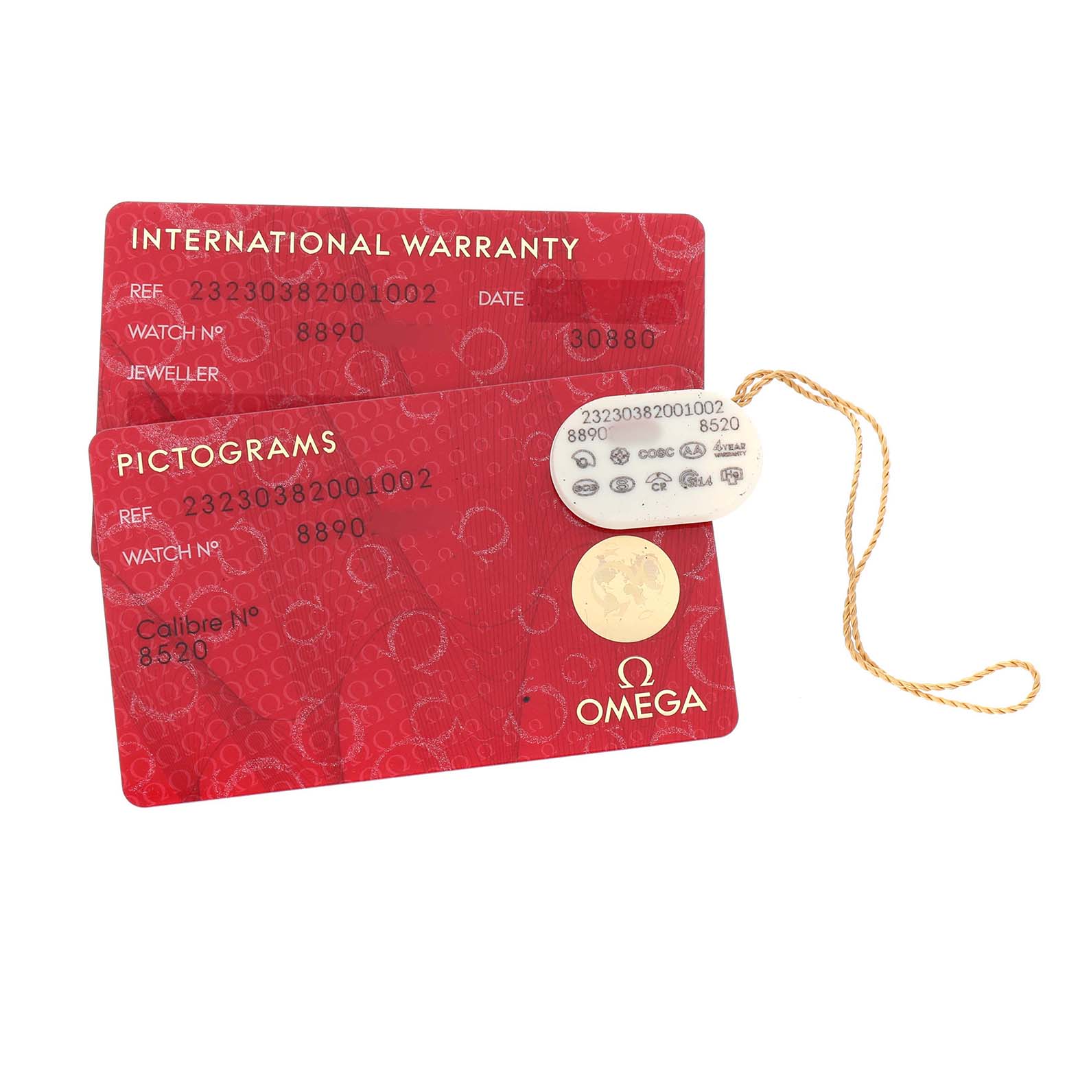 This image shows two Omega Planet Ocean 232.30.38.20.01.002 Men's Stainless Steel Black Dial warranty and pictogram cards and a small tag.