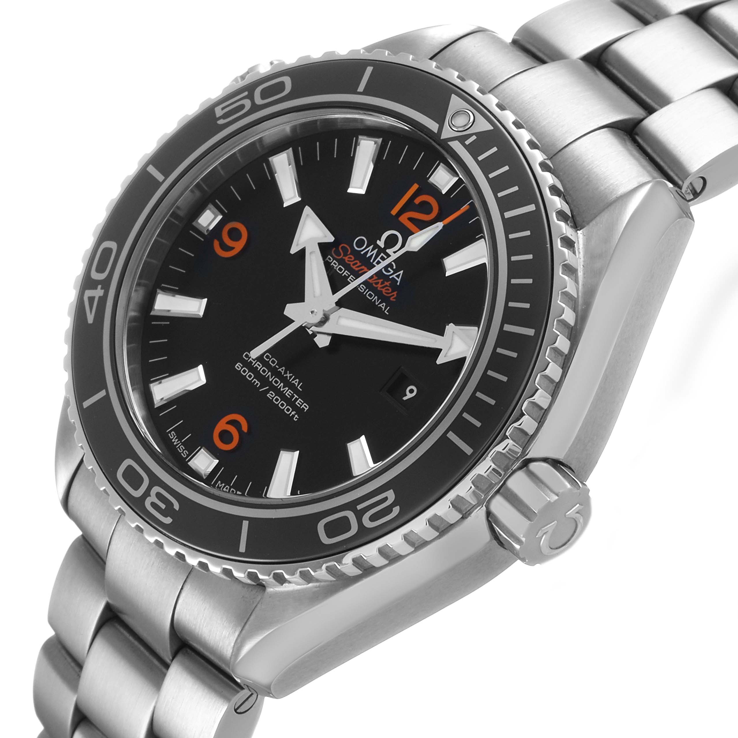 The Omega Planet Ocean 232.30.38.20.01.002 Men's Stainless Steel Black Dial watch is shown at a three-quarter angle, highlighting the bezel, crown, and part of the bracelet.