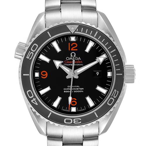 The Omega Planet Ocean 232.30.38.20.01.002 Men's Stainless Steel Black Dial watch is shown from the front, displaying the dial, bezel, crown, and part of the bracelet.