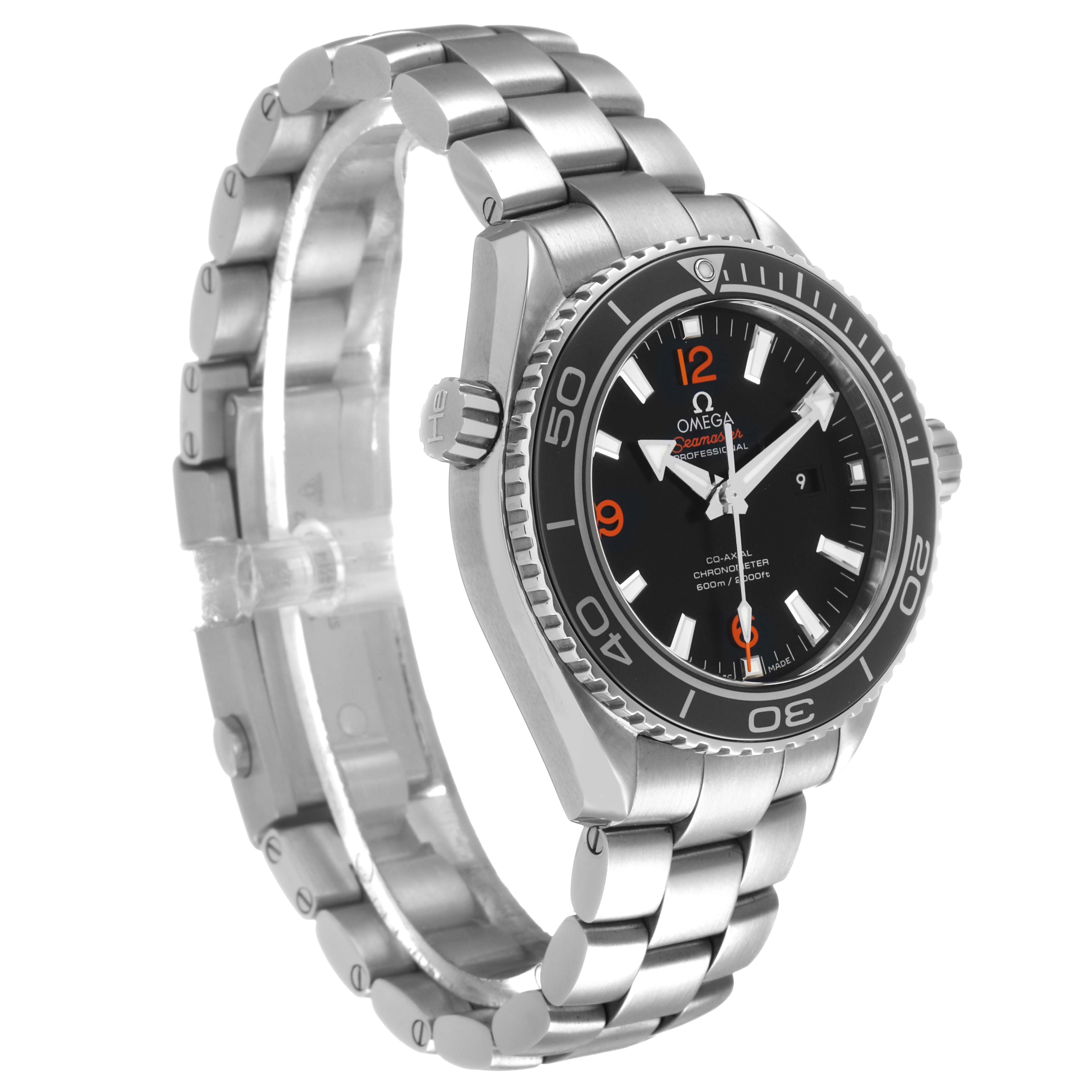 The Omega Planet Ocean 232.30.38.20.01.002 Men's Stainless Steel Black Dial watch is shown from a front-side angle highlighting the dial, bezel, crown, and metal bracelet.