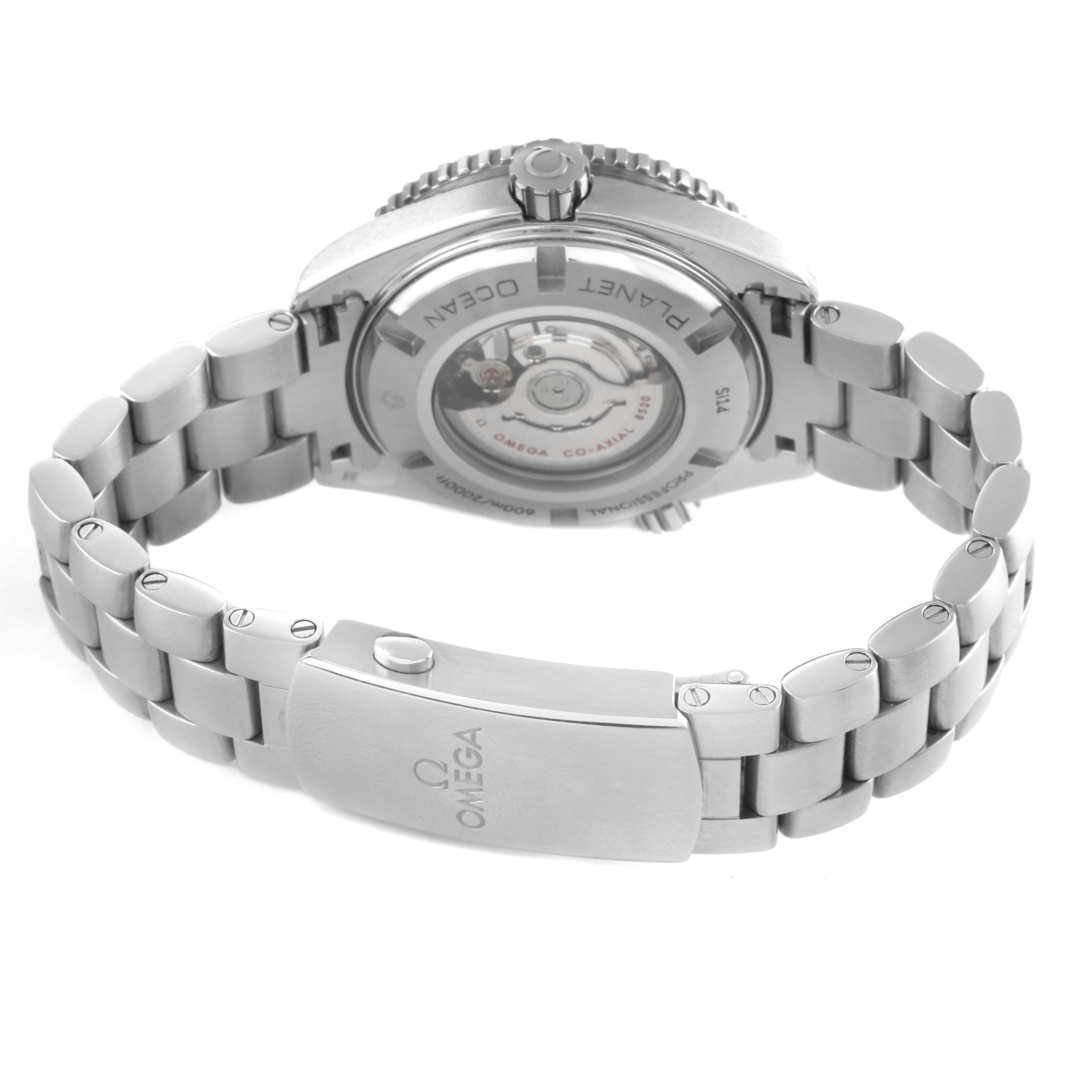 The image shows the Omega Planet Ocean 232.30.38.20.01.002 Men's Stainless Steel Black Dial watch from the rear, highlighting the case back, crown, and stainless steel bracelet.