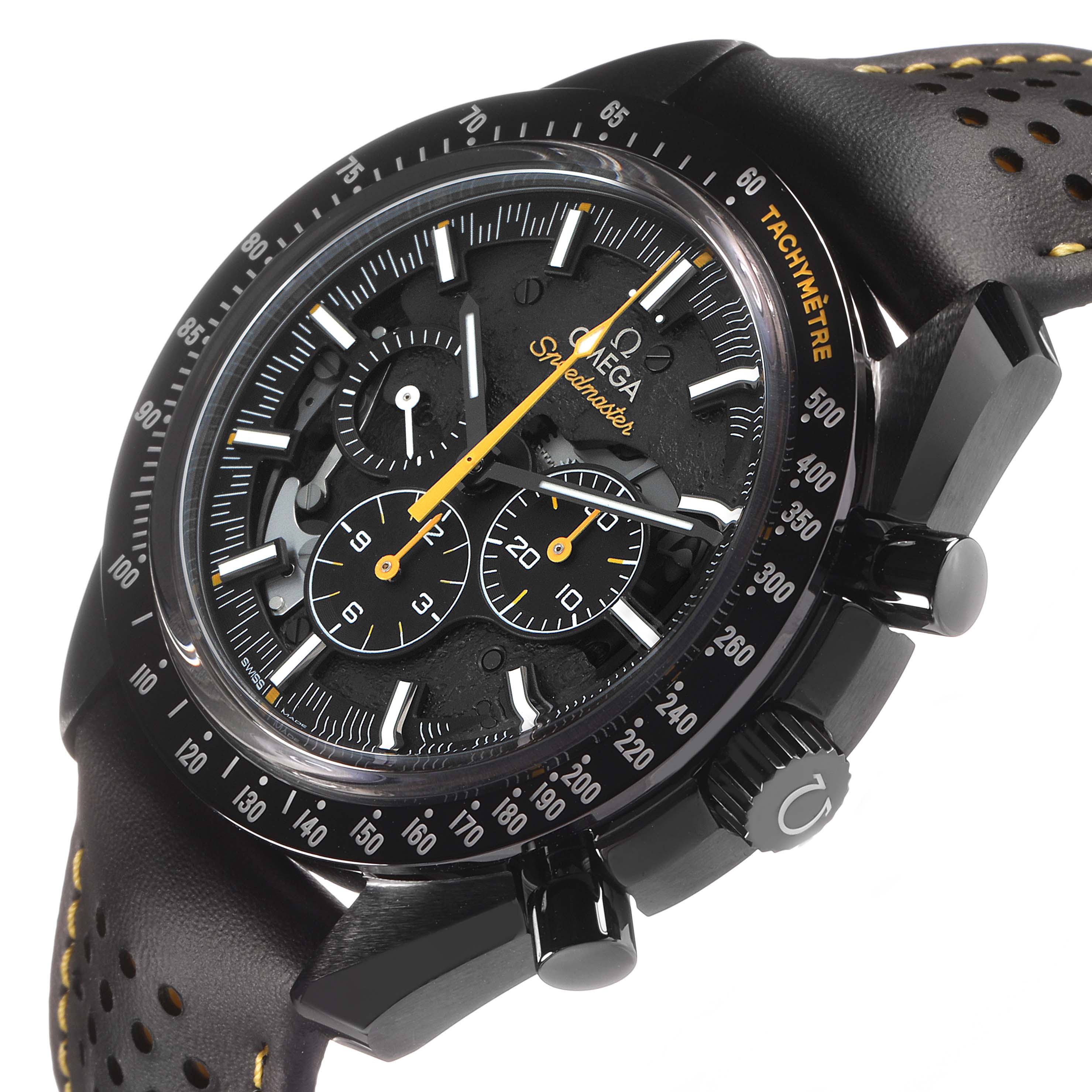 The Omega Speedmaster 311.92.44.30.01.001 Men's Ceramic Black Dial is shown at an angled side view, displaying the dial, bezel, pushers, and part of the leather strap.