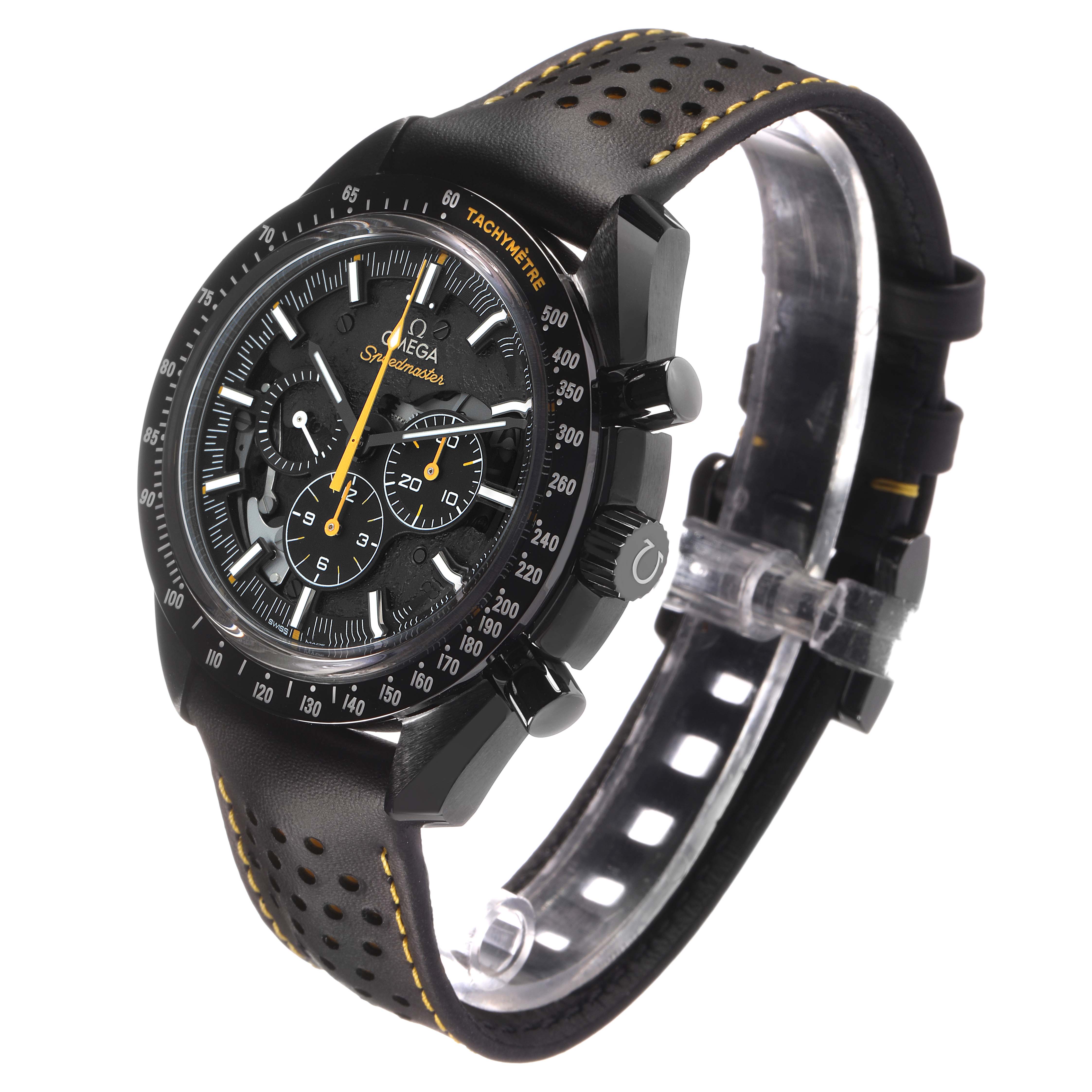 The Omega Speedmaster 311.92.44.30.01.001 Men's Ceramic Black Dial watch is shown from a front angle highlighting the dial, bezel, pushers, and perforated leather strap.