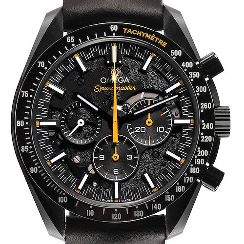 The Omega Speedmaster 311.92.44.30.01.001 Men's Ceramic Black Dial watch is shown from a front angle, highlighting its dial, sub-dials, and tachymeter bezel.