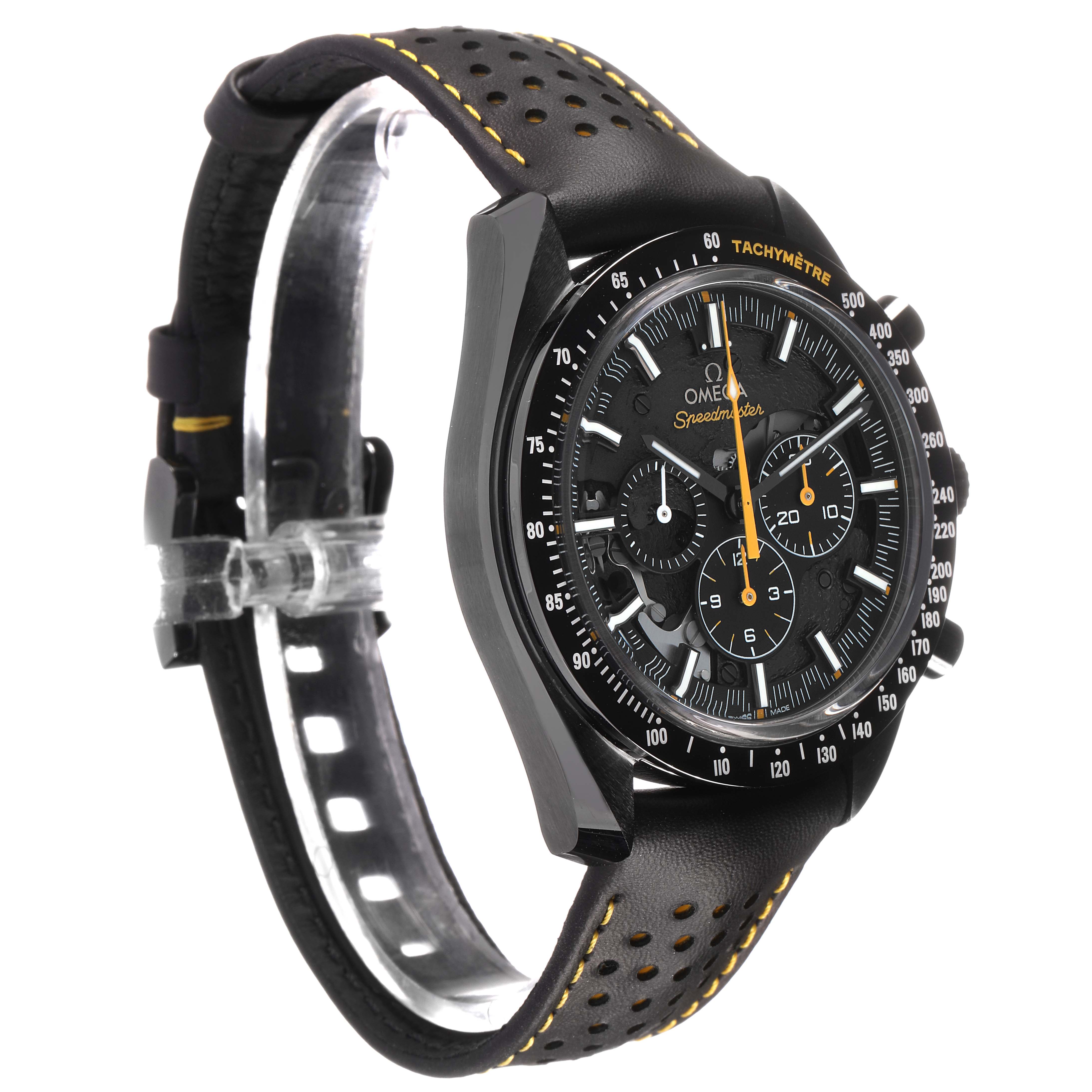 The Omega Speedmaster 311.92.44.30.01.001 Men's Ceramic Black Dial watch is shown at a three-quarter angle, displaying the face, tachymeter bezel, and perforated strap.