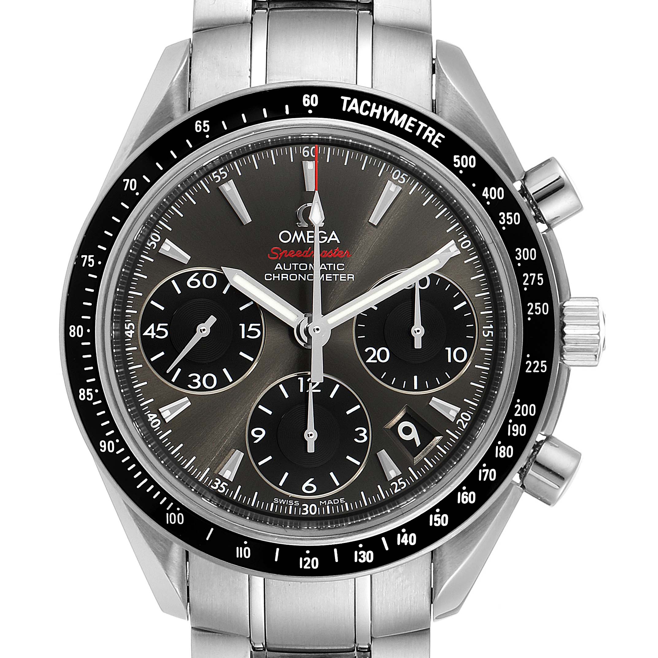 The Omega Speedmaster 323.30.40.40.06.001 Men's Stainless Steel Grey Dial 323.30.40.40.06.001 Men's Stainless Steel Grey Dial watch is shown from the front, detailing its dial, subdials, tachymeter bezel, and stainless steel bracelet.