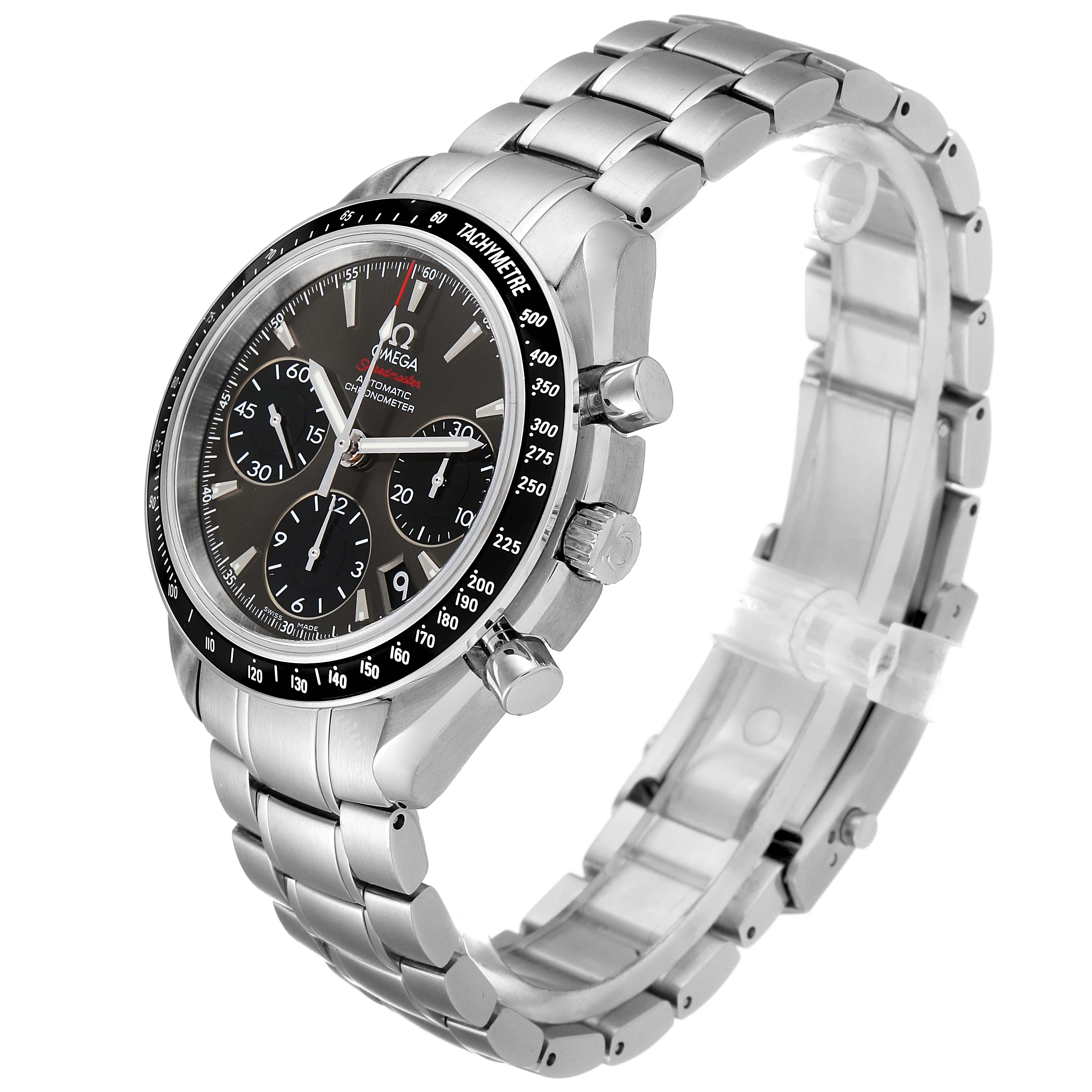 The Omega Speedmaster 323.30.40.40.06.001 Men's Stainless Steel Grey Dial 323.30.40.40.06.001 Men's Stainless Steel Grey Dial watch is shown at a slight angle, highlighting its face, bezel, bracelet, and side buttons.