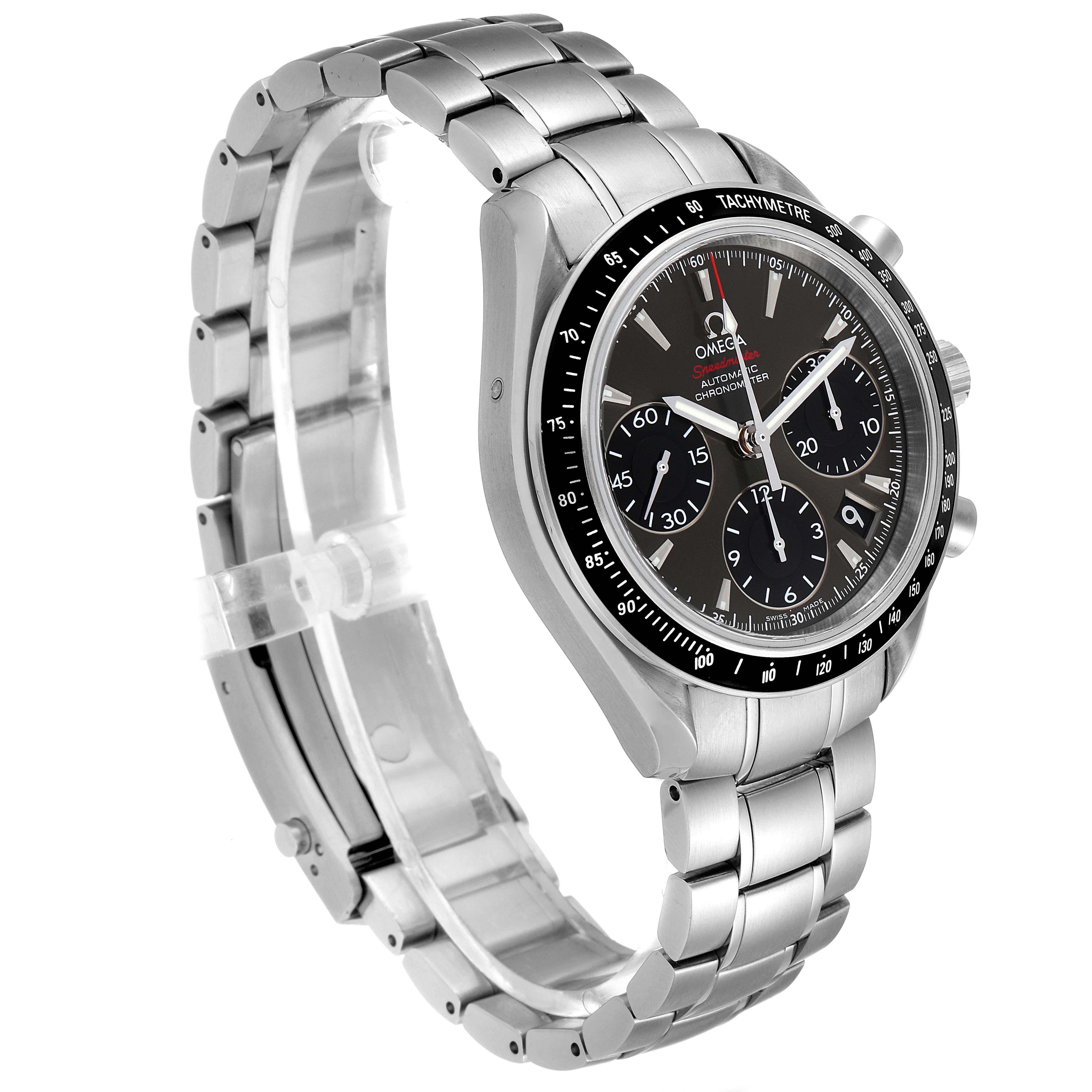 The image shows an Omega Speedmaster 323.30.40.40.06.001 Men's Stainless Steel Grey Dial 323.30.40.40.06.001 Men's Stainless Steel Grey Dial watch from a three-quarter angle displaying the face, bezel, and metal bracelet.