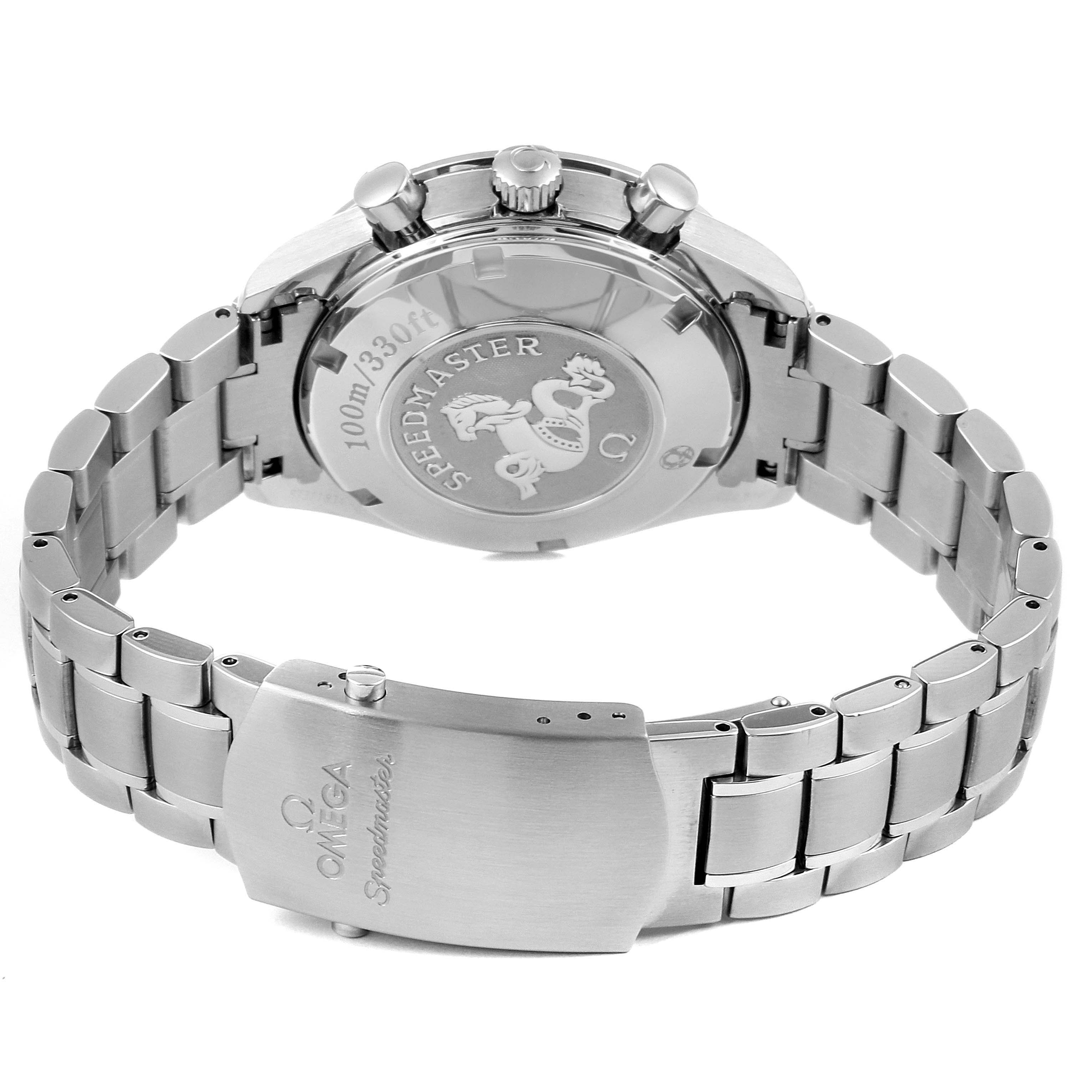 This image shows the Omega Speedmaster 323.30.40.40.06.001 Men's Stainless Steel Grey Dial 323.30.40.40.06.001 Men's Stainless Steel Grey Dial watch from the back, highlighting its clasp, bracelet, and case back.