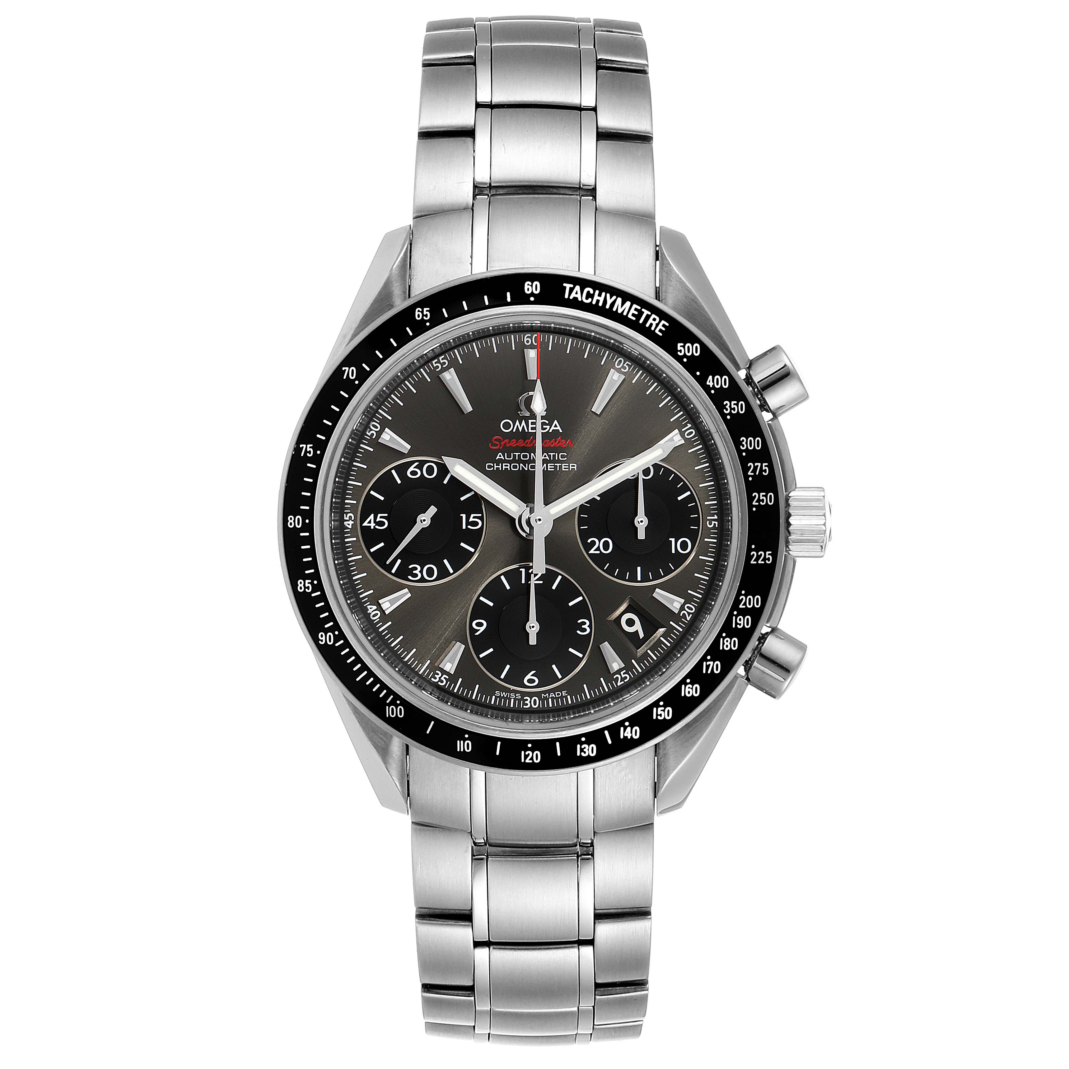 This image shows a frontal view of an Omega Speedmaster 323.30.40.40.06.001 Men's Stainless Steel Grey Dial 323.30.40.40.06.001 Men's Stainless Steel Grey Dial watch, highlighting the face, tachymeter bezel, and stainless steel bracelet.